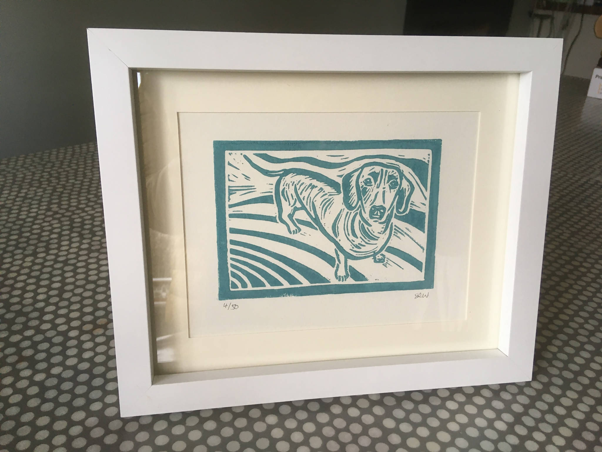 Sausage Dog Framed Lino Cut Print