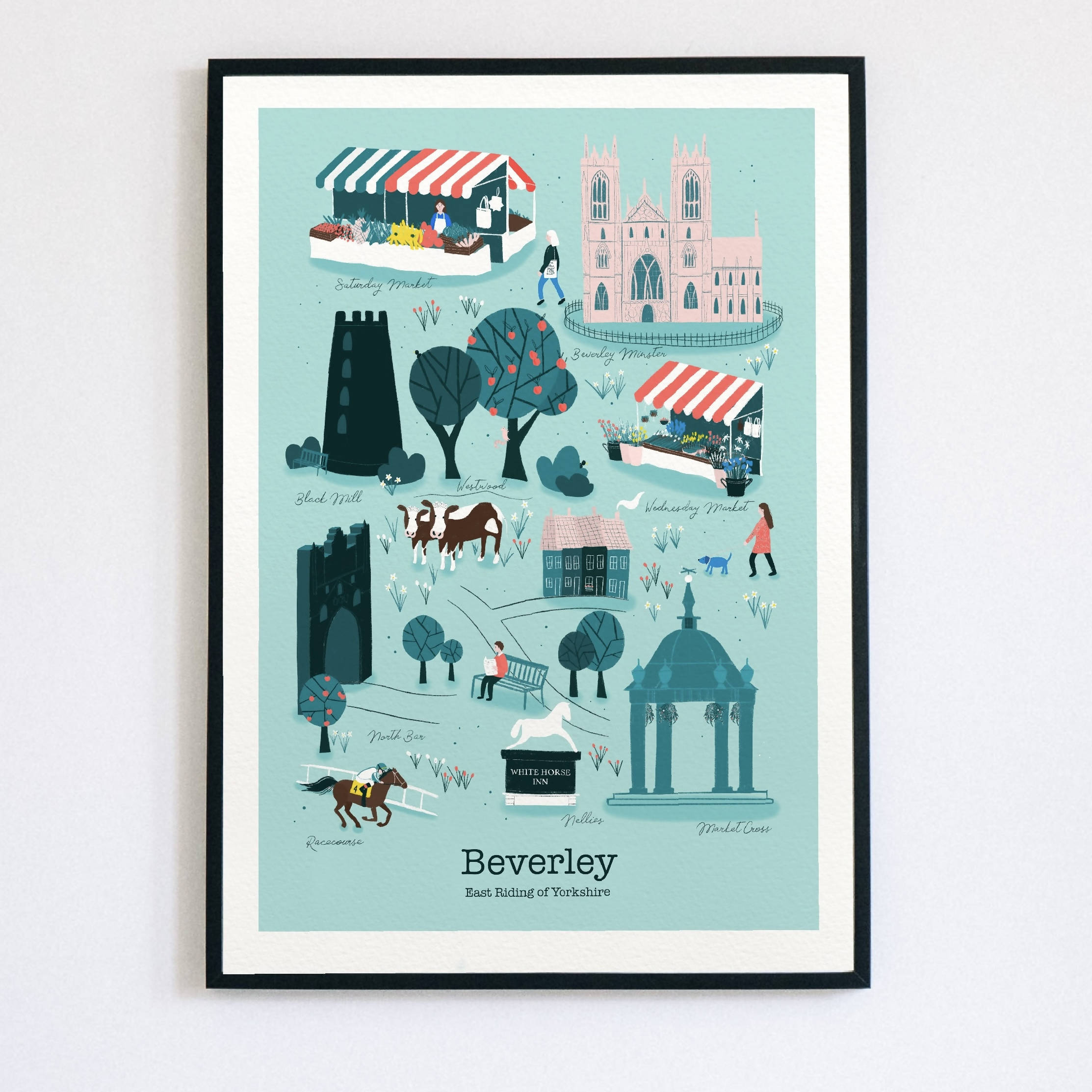 Blue illustrated print of Beverley's main landmarks.