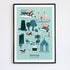 Blue illustrated print of Beverley's main landmarks.