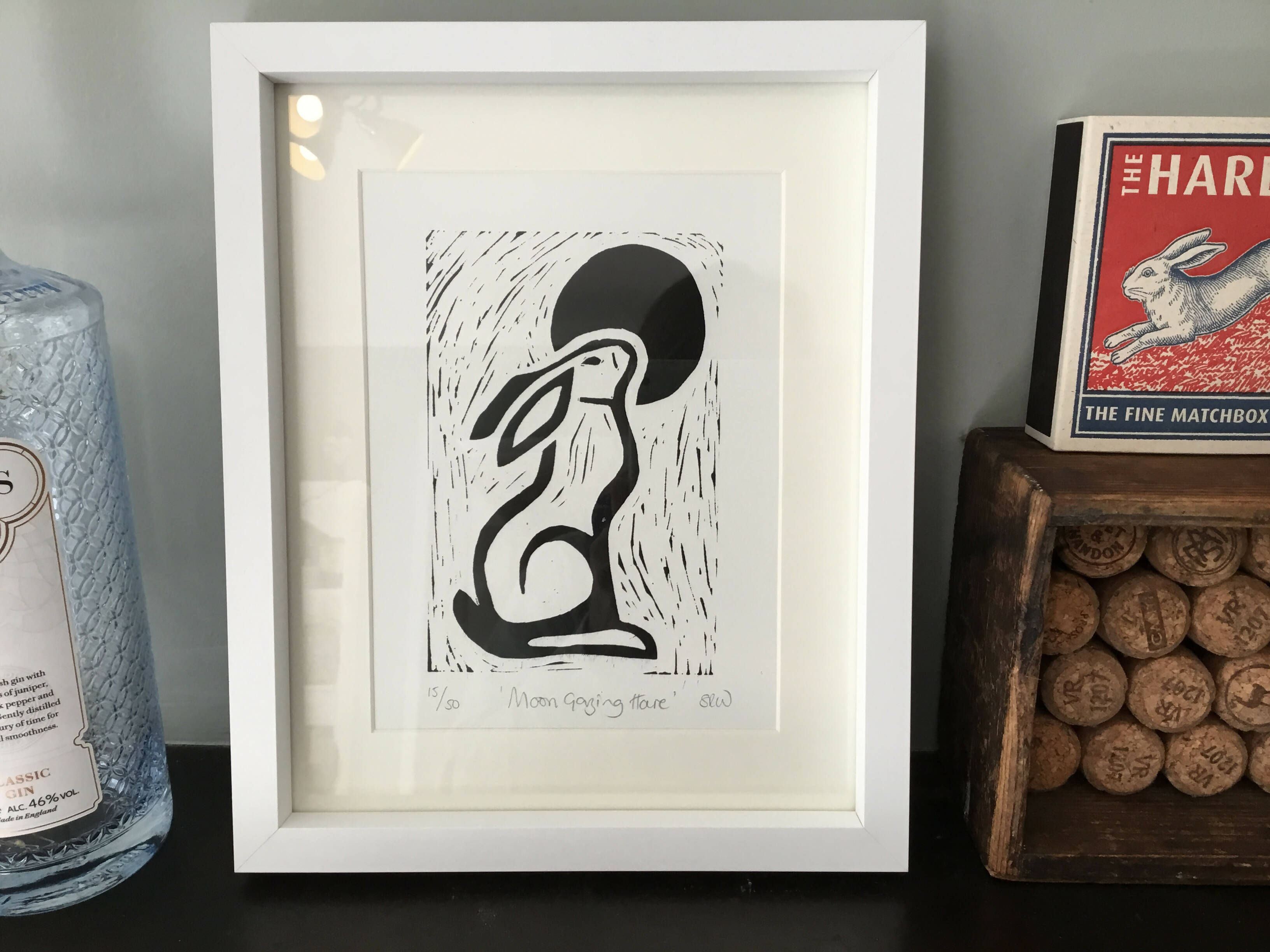 Moon Gazing Hare Framed Lino Cut Print