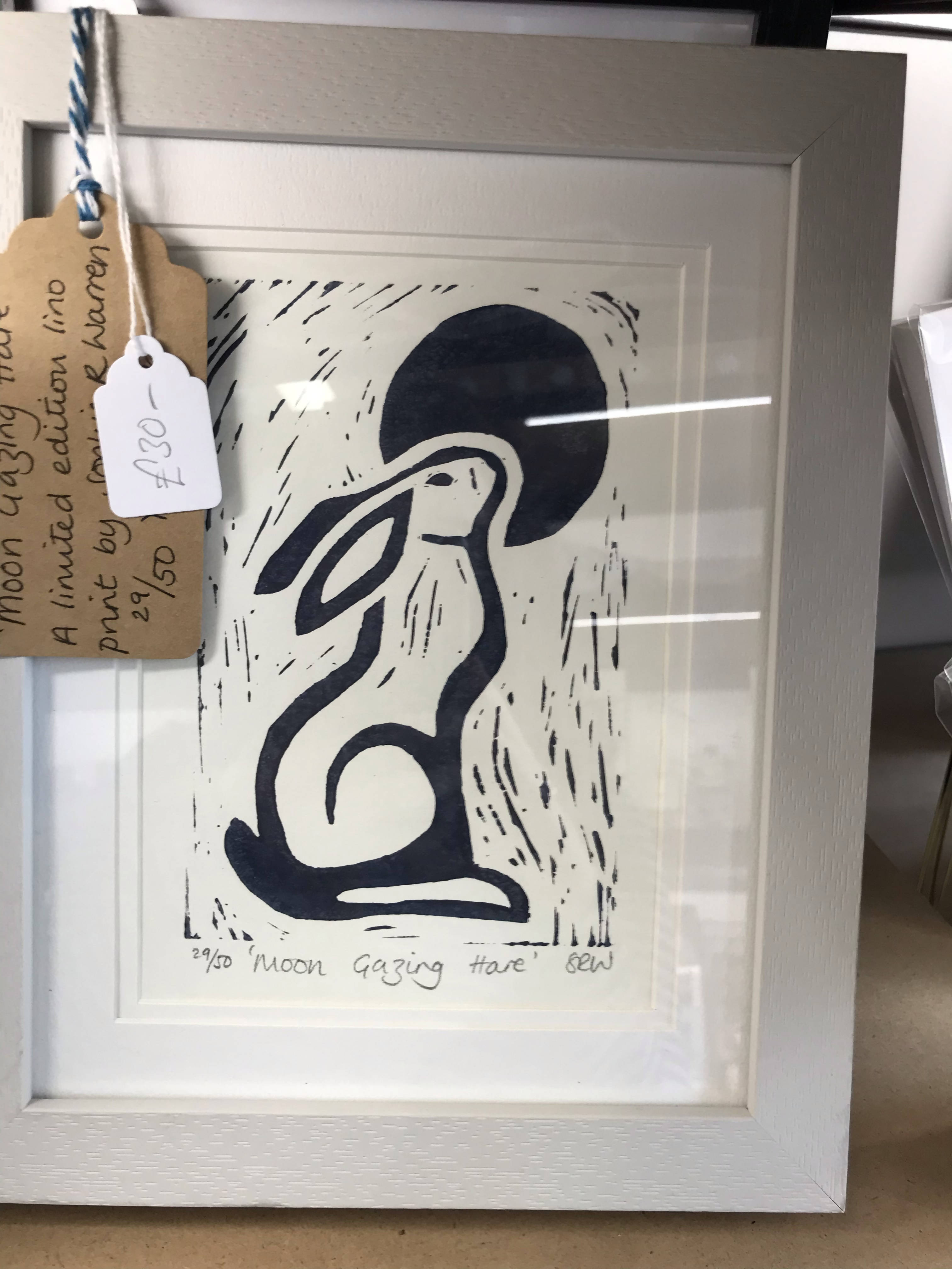Moon Gazing Hare Framed Lino Cut Print