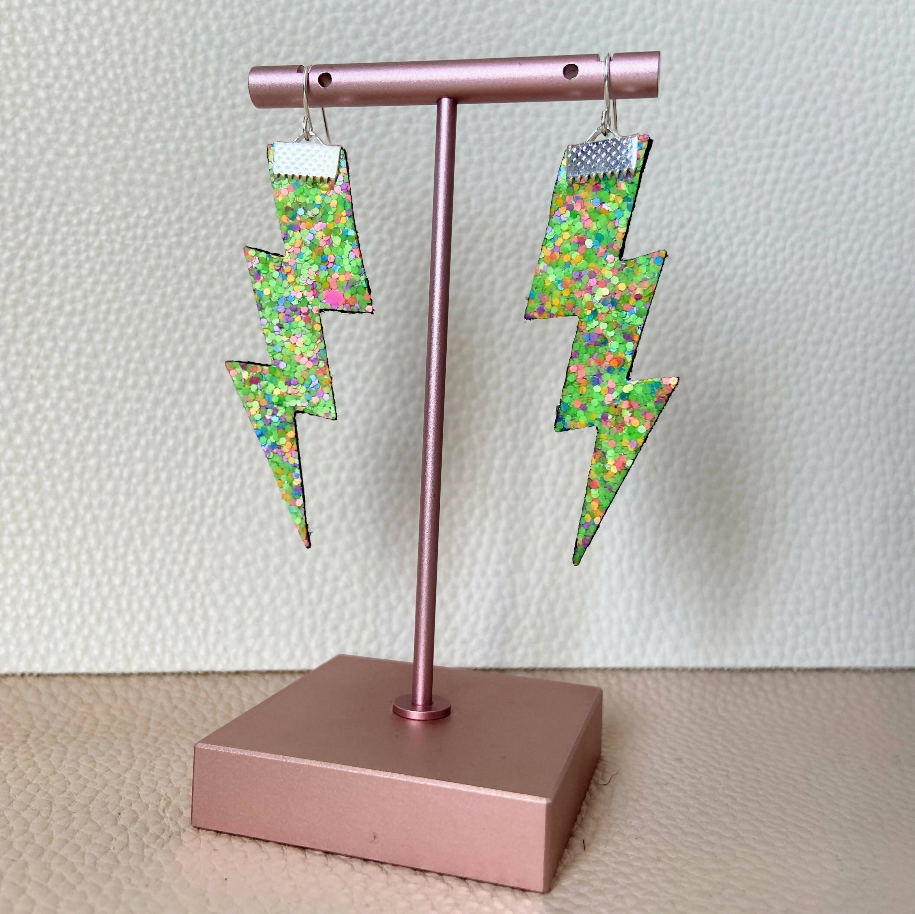 Flash Lightning Bolt Earrings in Lime Confetti Glitter