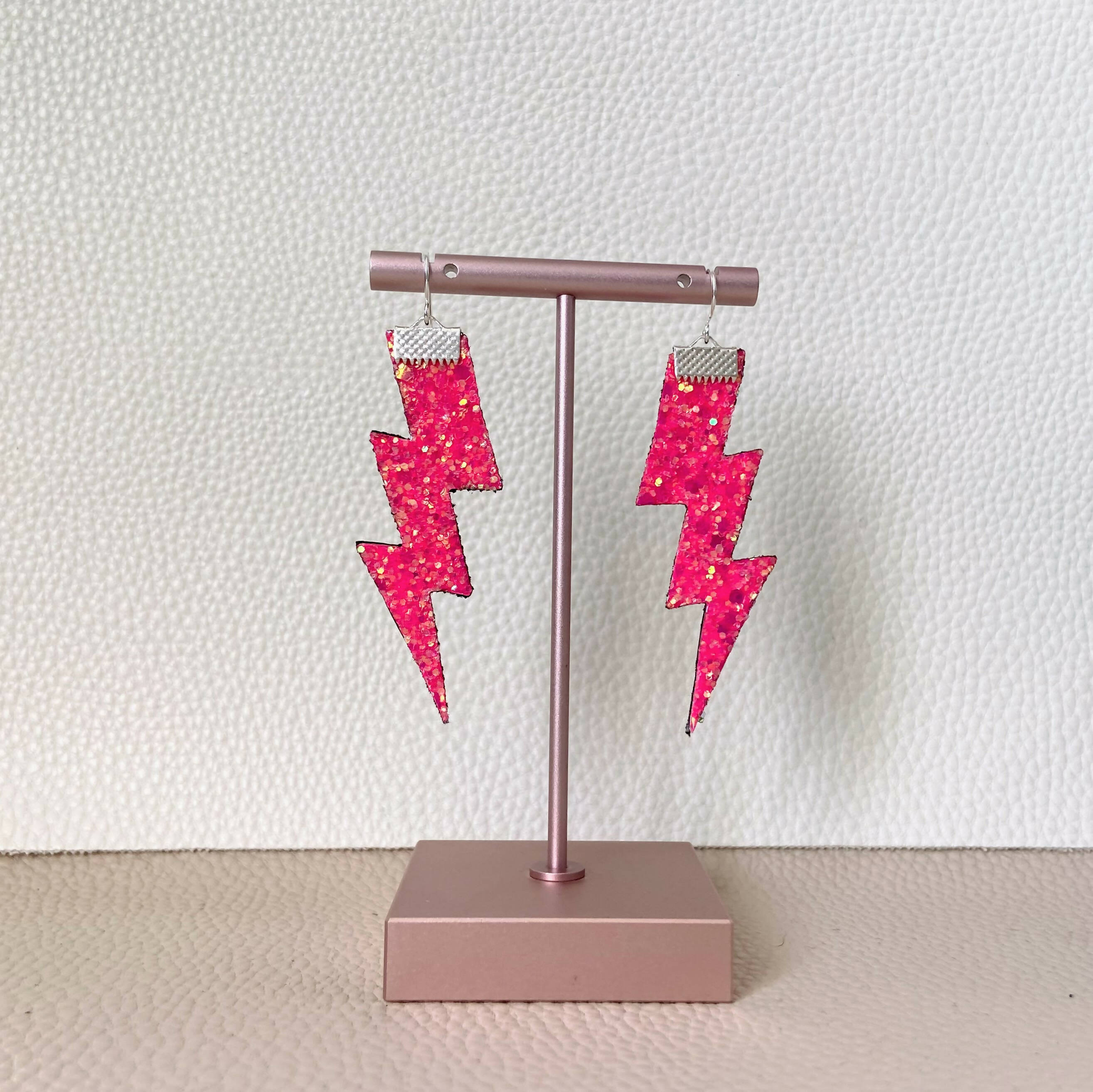 Flash Lightning Bolt Earrings in Neon Pink Glitter