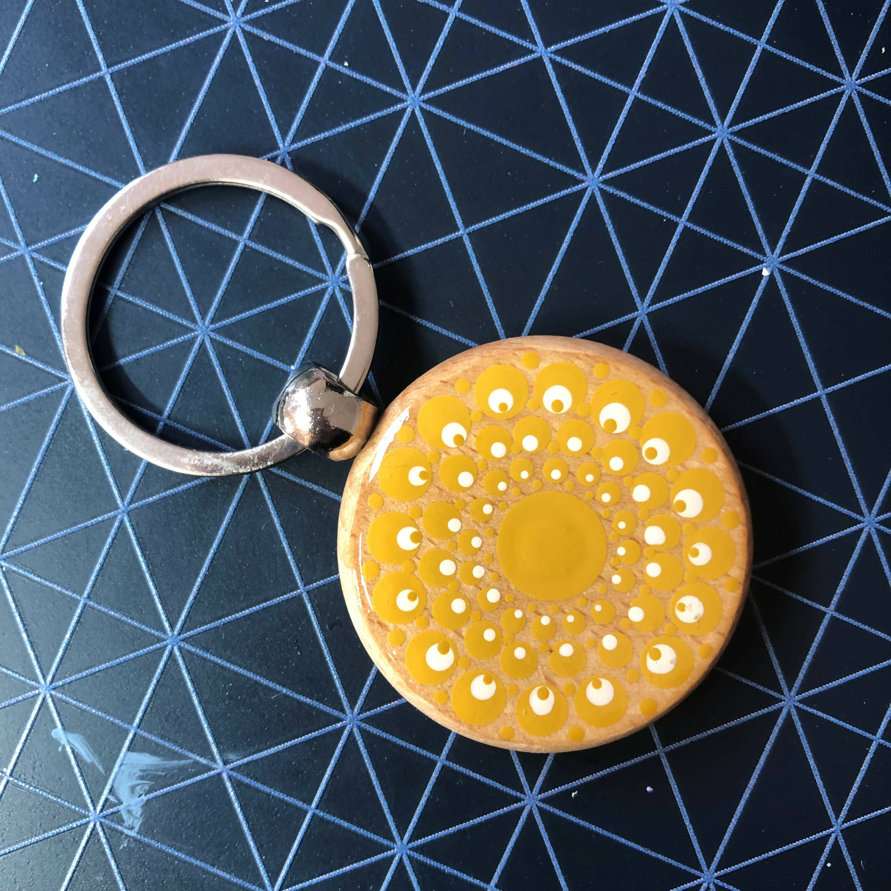 Hand Painted Dot Mandala Wooden Key Ring: True Ochre with White