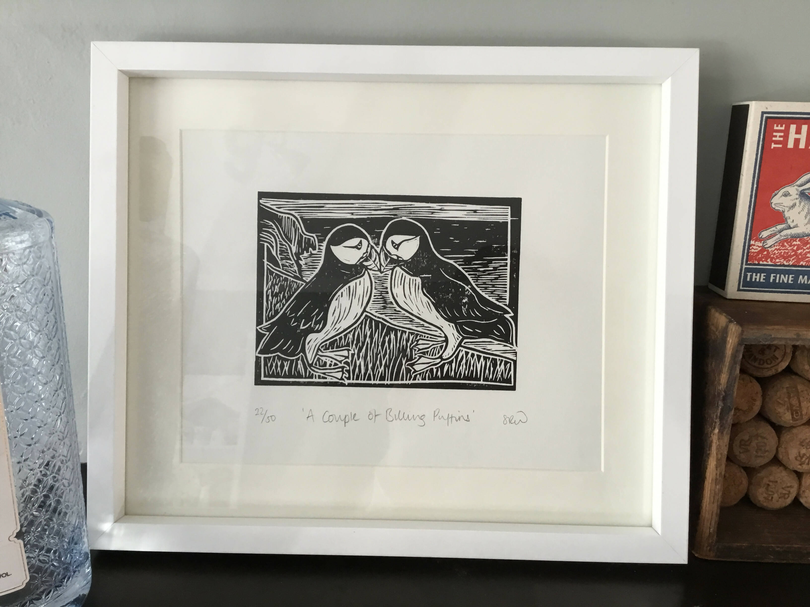 A Couple of Billing Puffins Framed Lino Cut Print