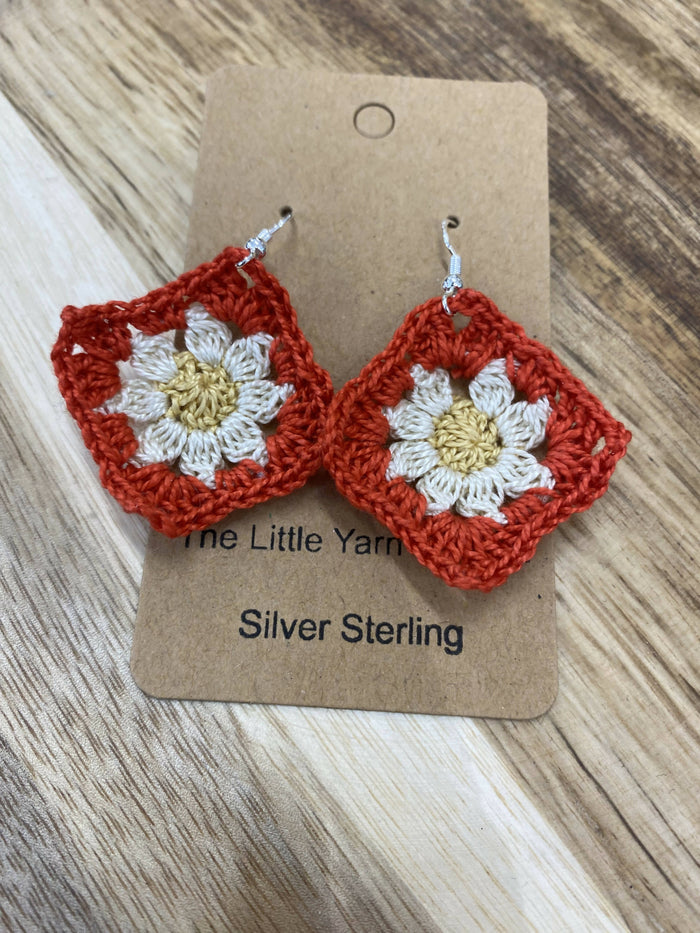 Crochet Daisy Squares Earrings Red