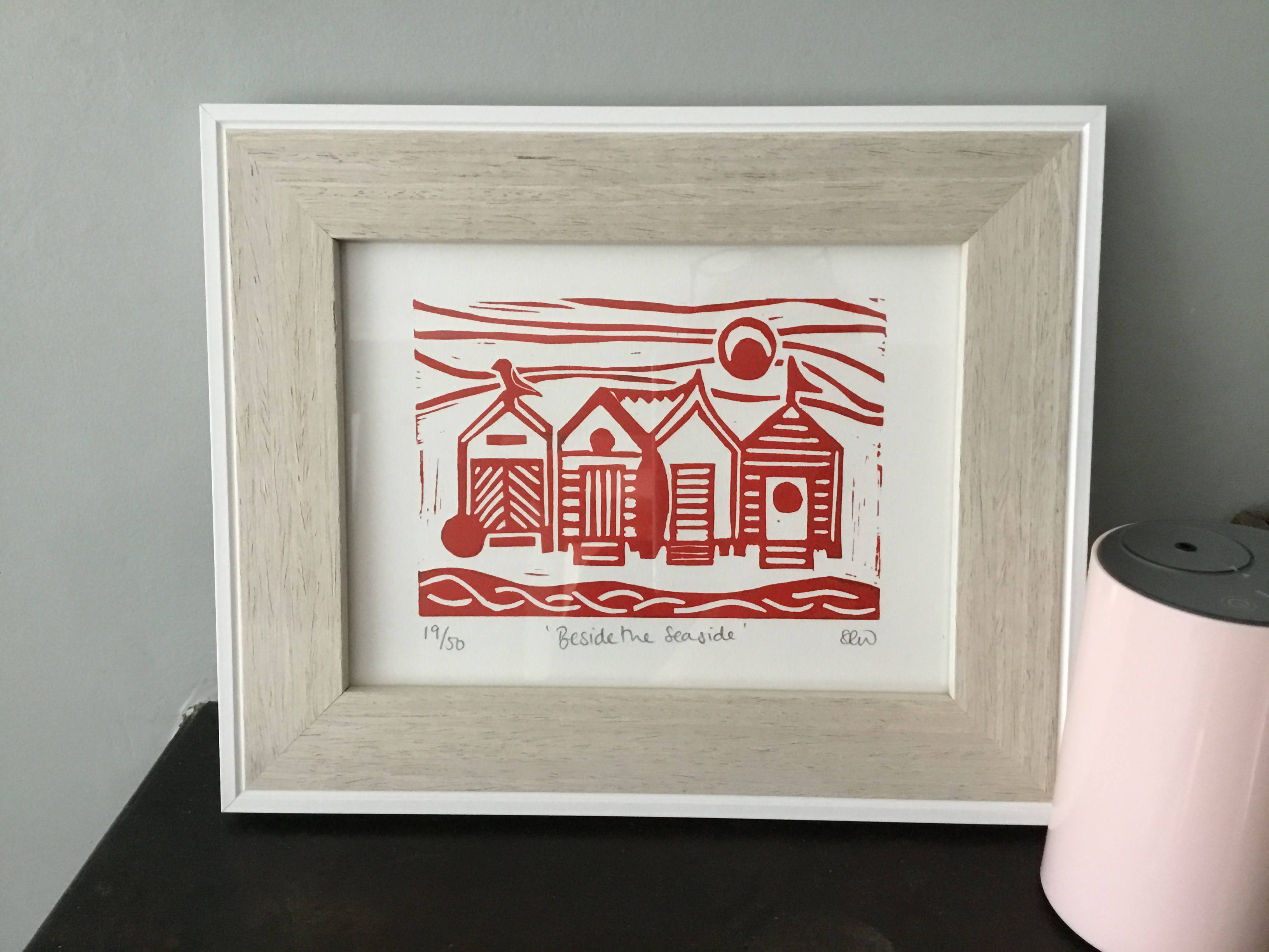 Beach Huts Framed Lino Cut Print