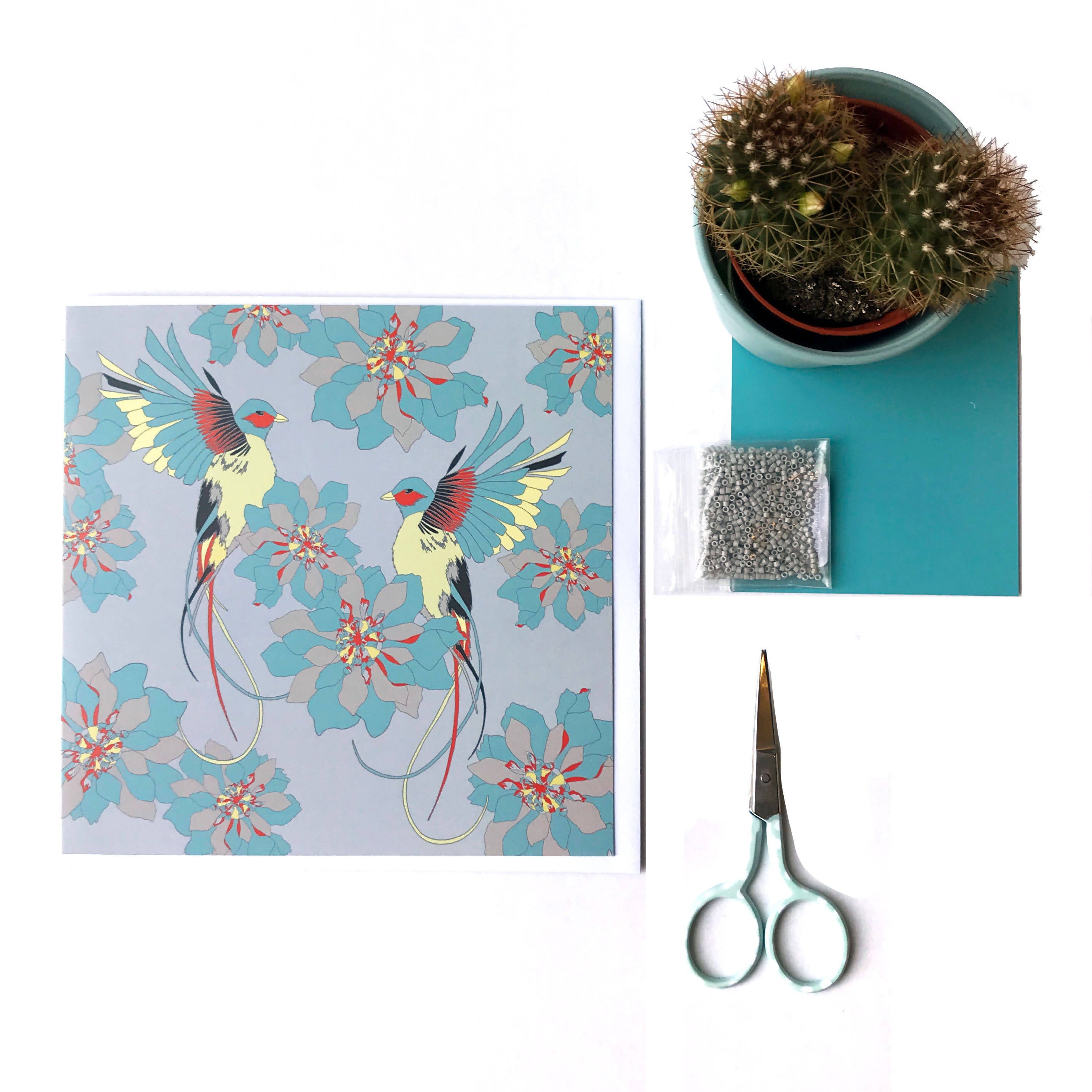 Grey Flying Birds & Flowers Greetings Card