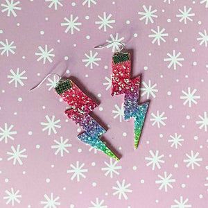 Flash Lightning Bolt Earrings in Rainbow Glitter