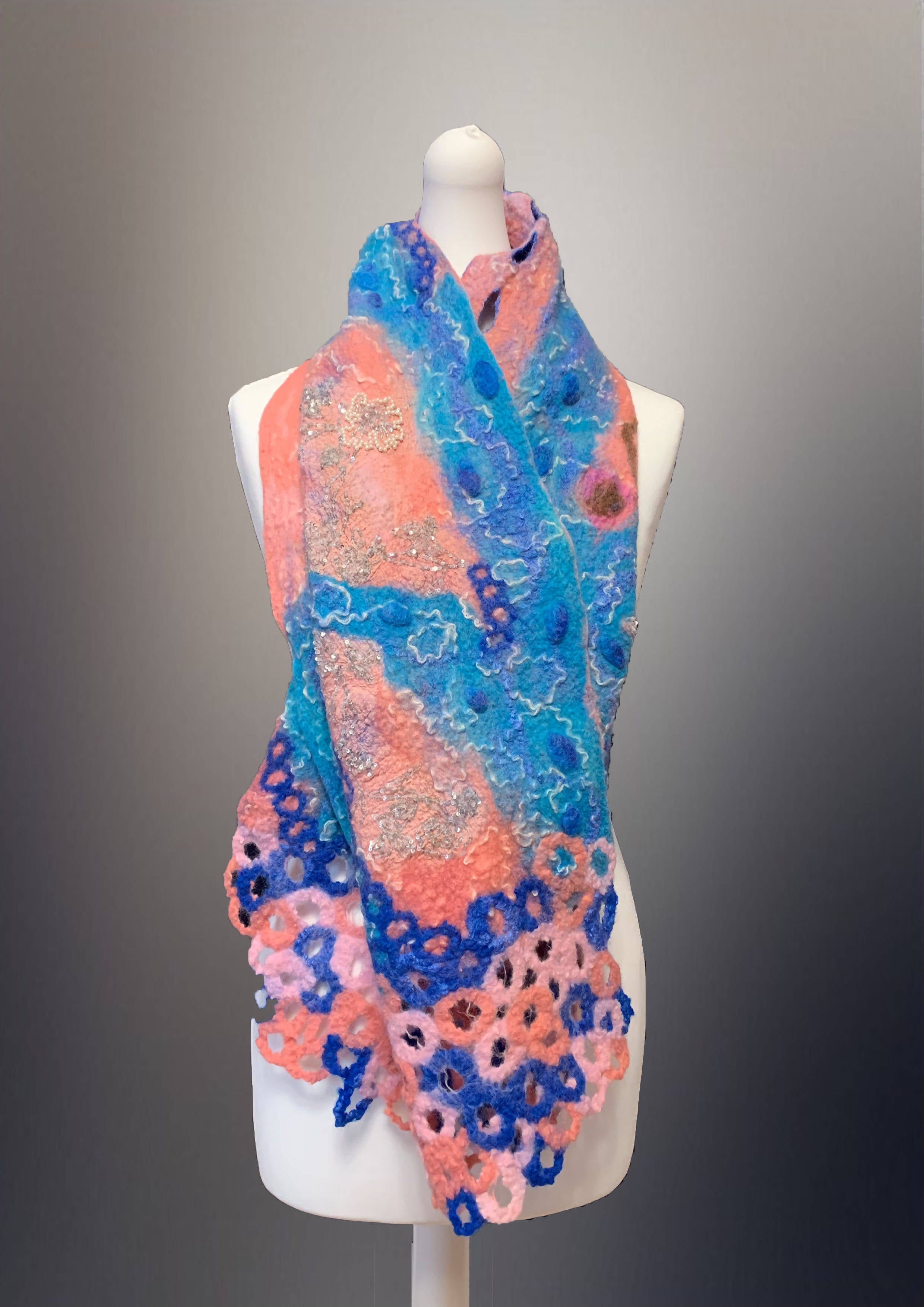 Nuno Felt Scarf - Pink and Blue Sparkly With Circles at Both Ends
