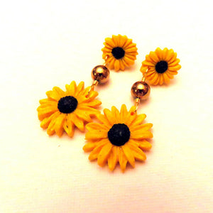Polymer Clay Double Sunflower drop earrings with gold coloured Haematite, surgical stainless steel post & butterfly