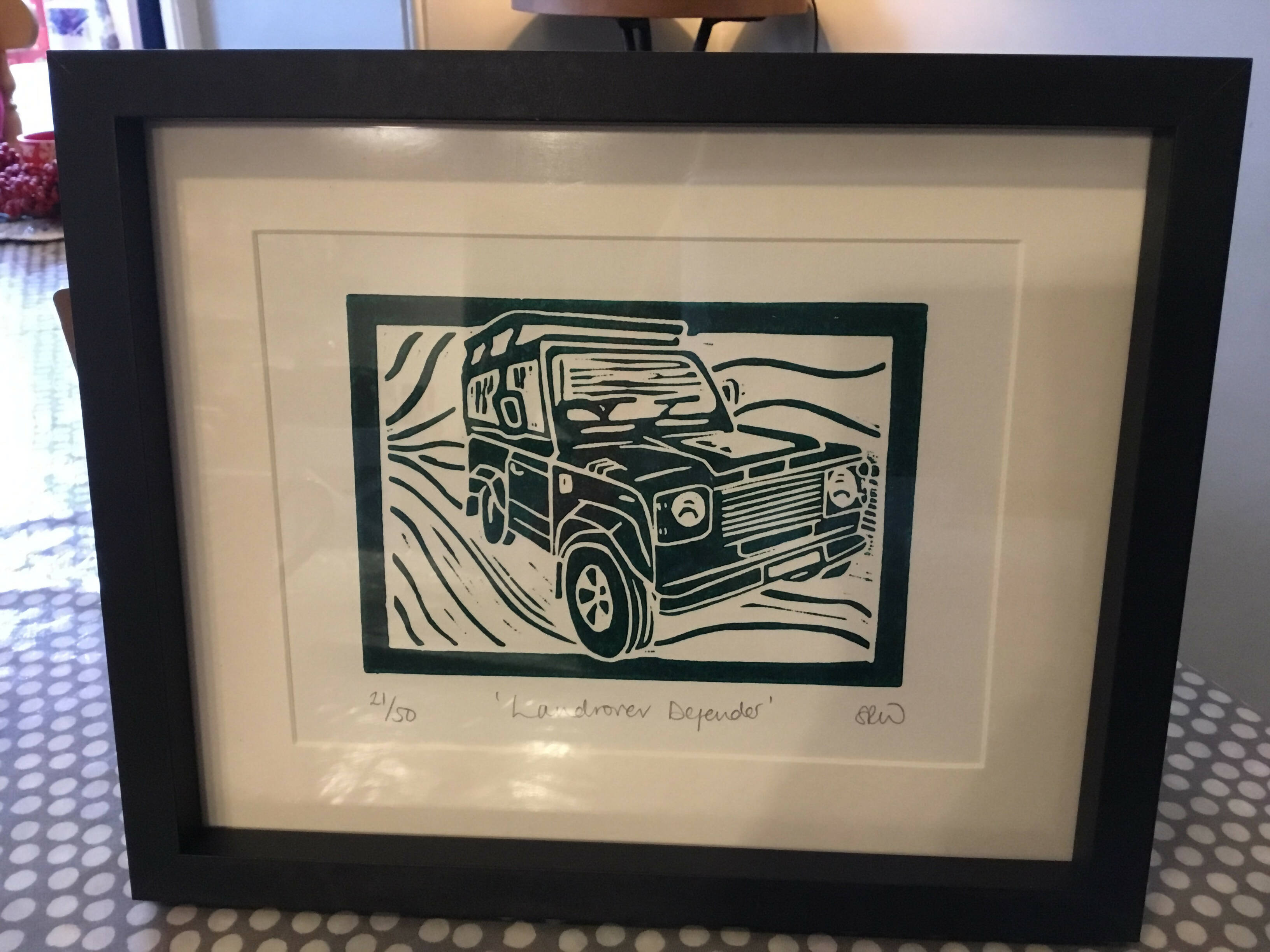 Land Rover Defender Framed Lino Cut Print
