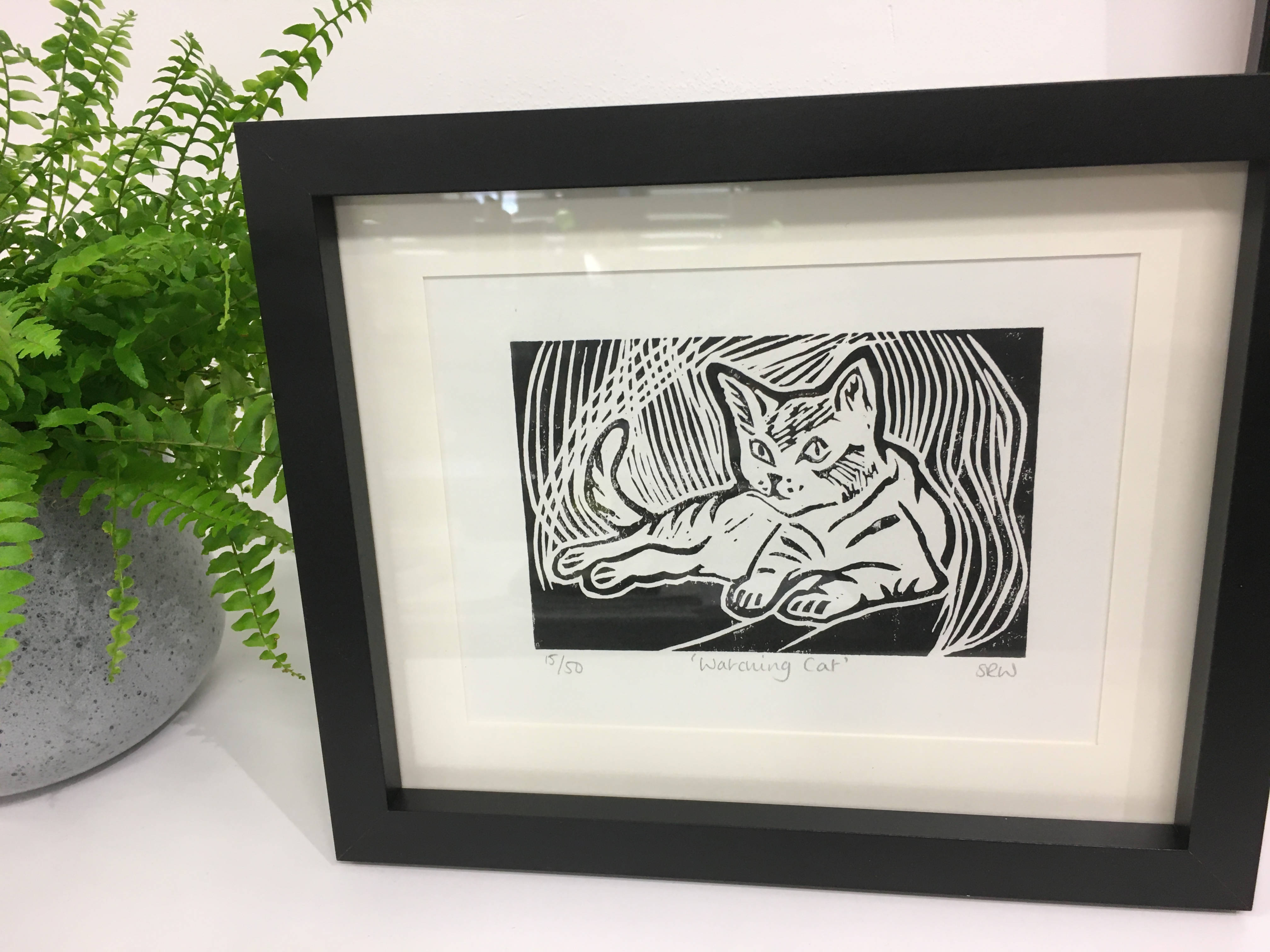 Watching Cat Framed Lino Cut Print
