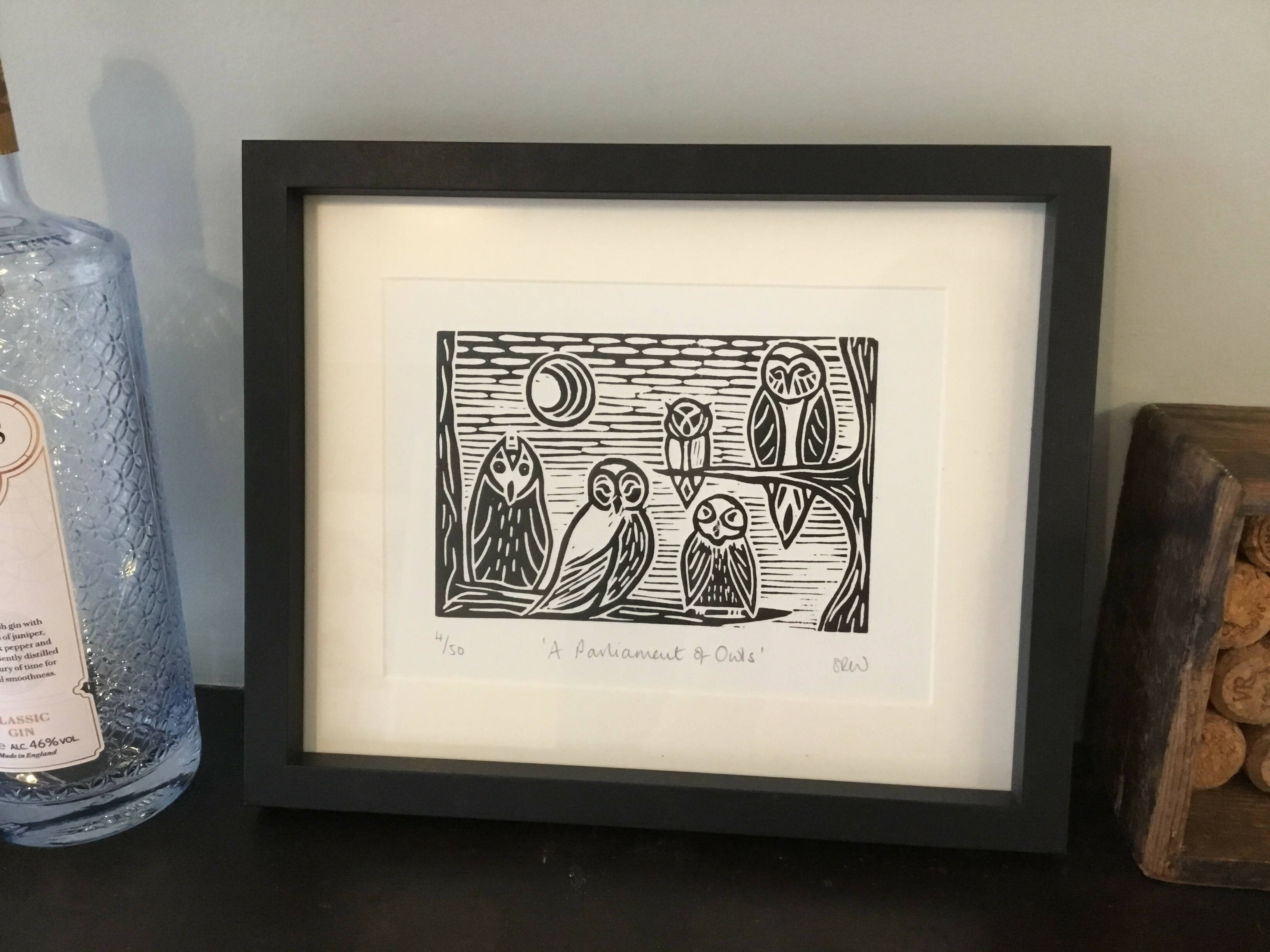 Five Owls Framed Lino Cut Print