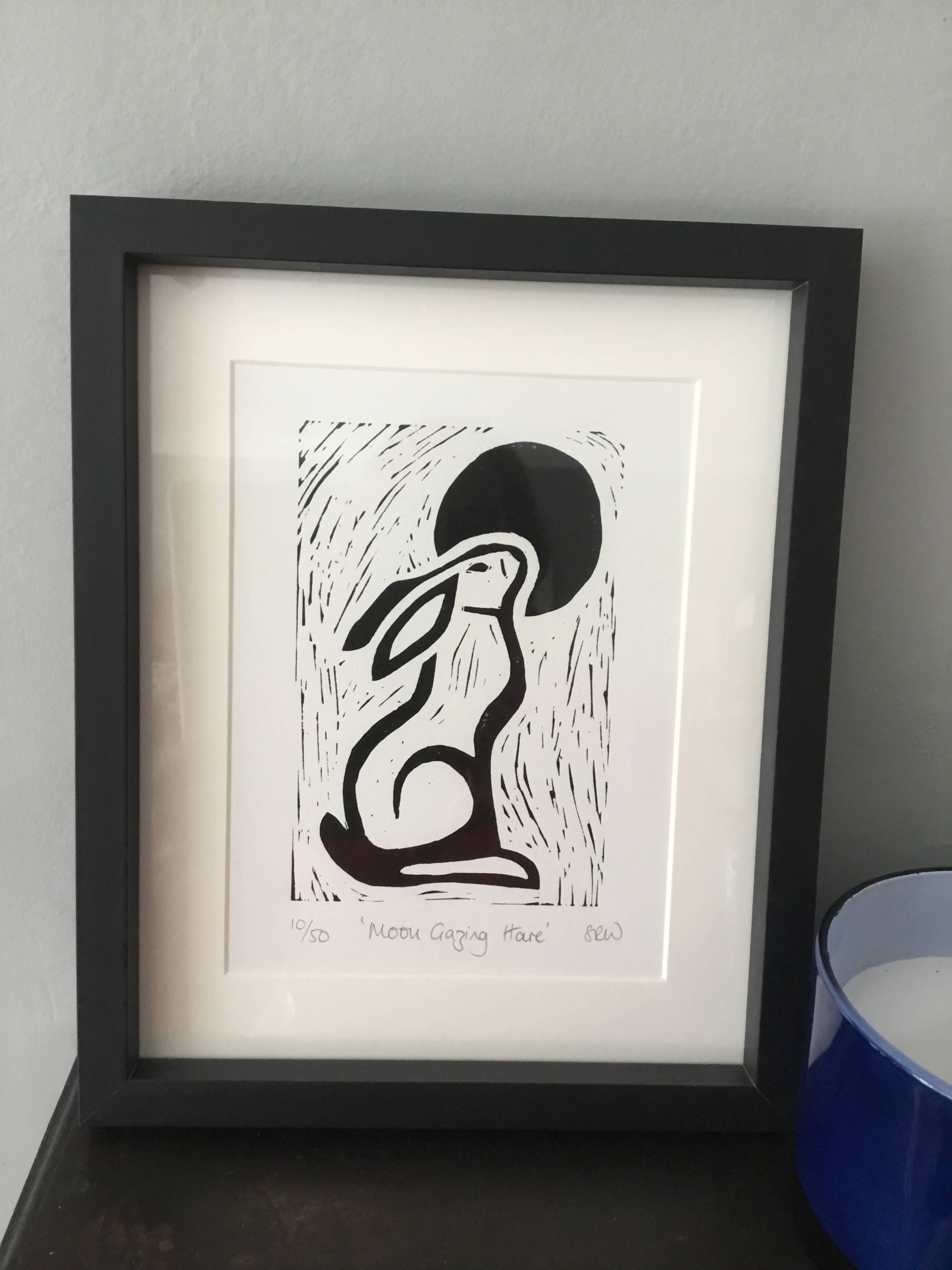 Moon Gazing Hare Framed Lino Cut Print