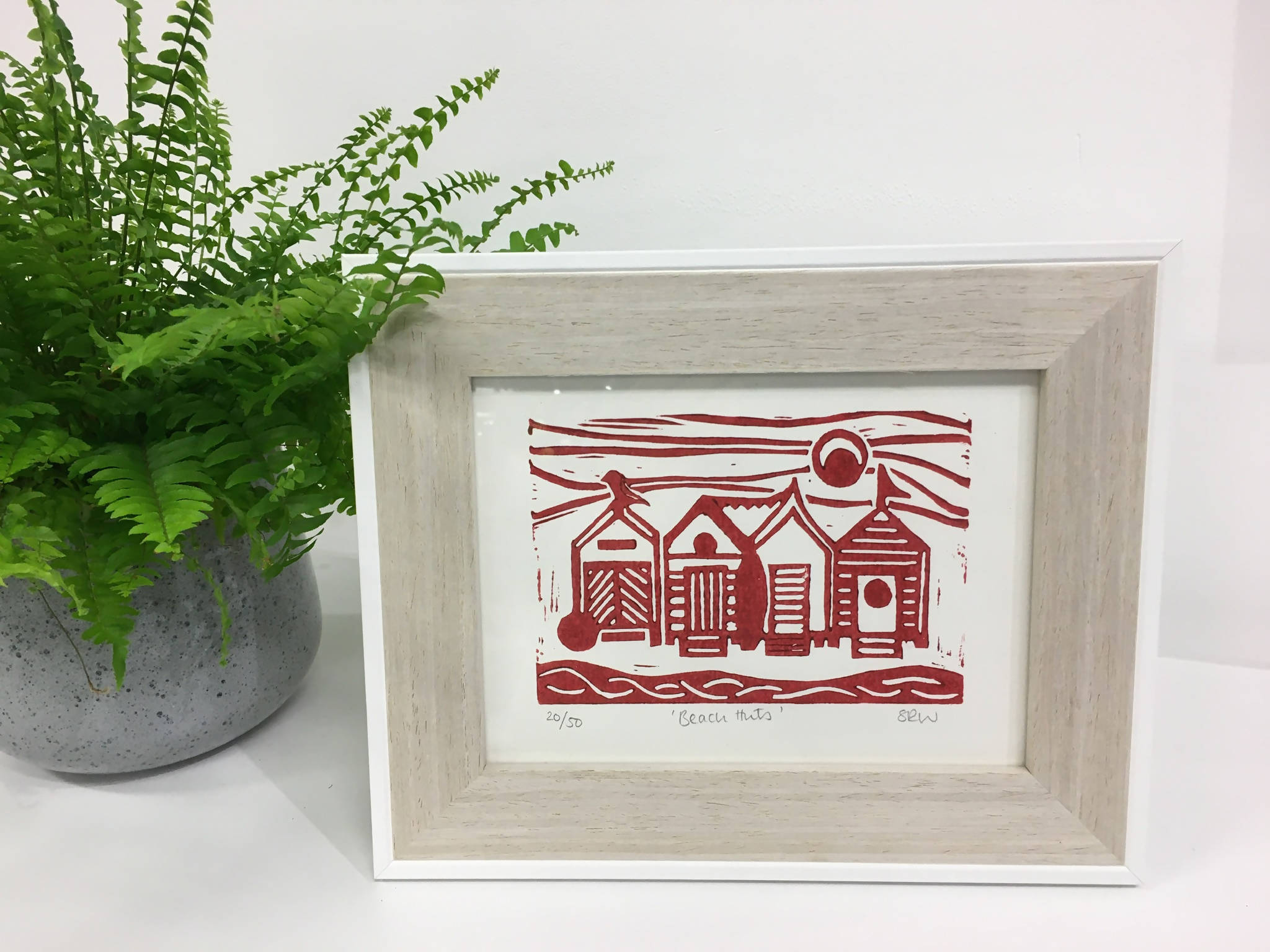 Beach Huts Framed Lino Cut Print