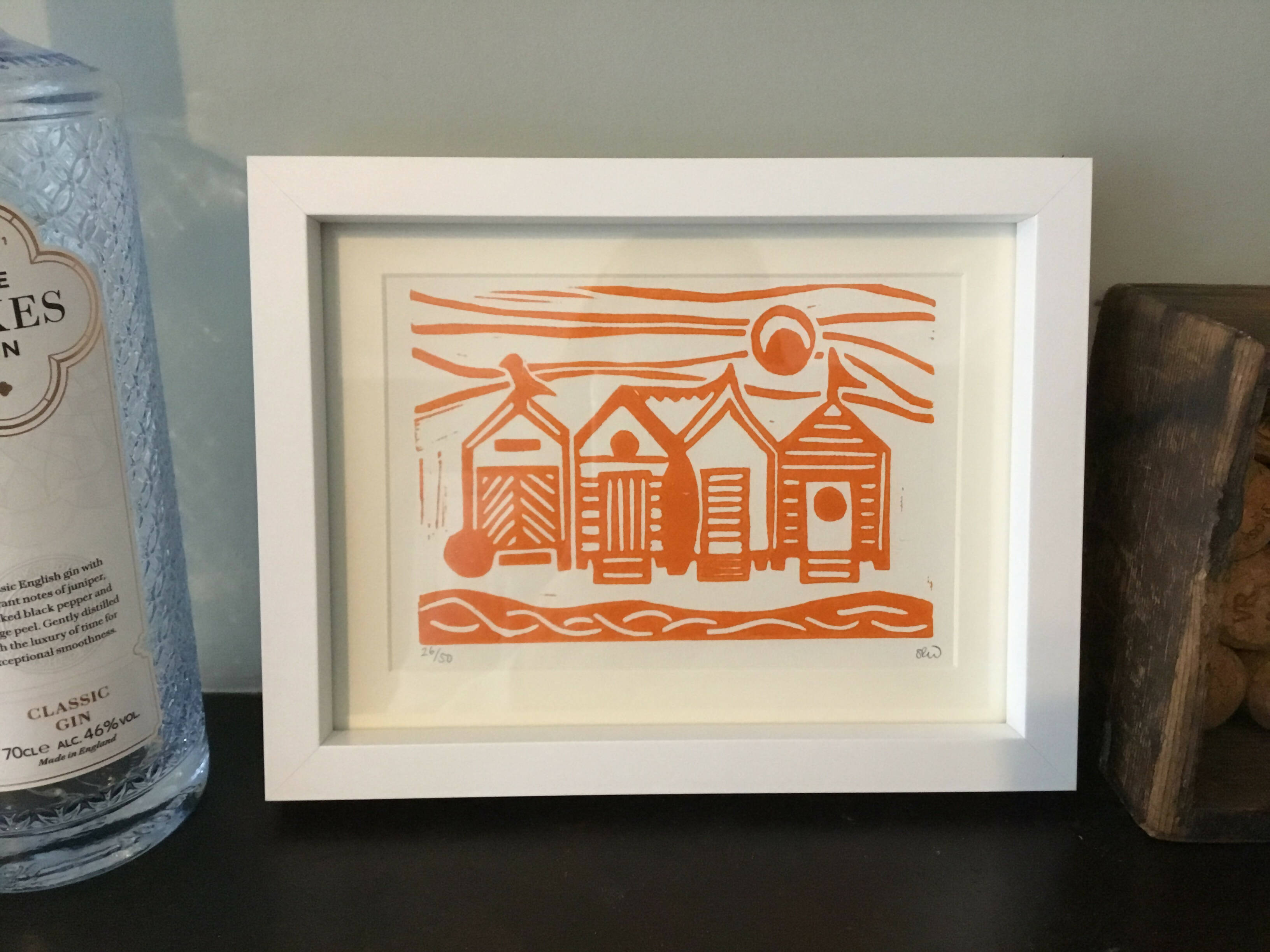 Beach Huts Framed Lino Cut Print