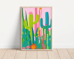 A4 Colourful Cacti Print Pink background
