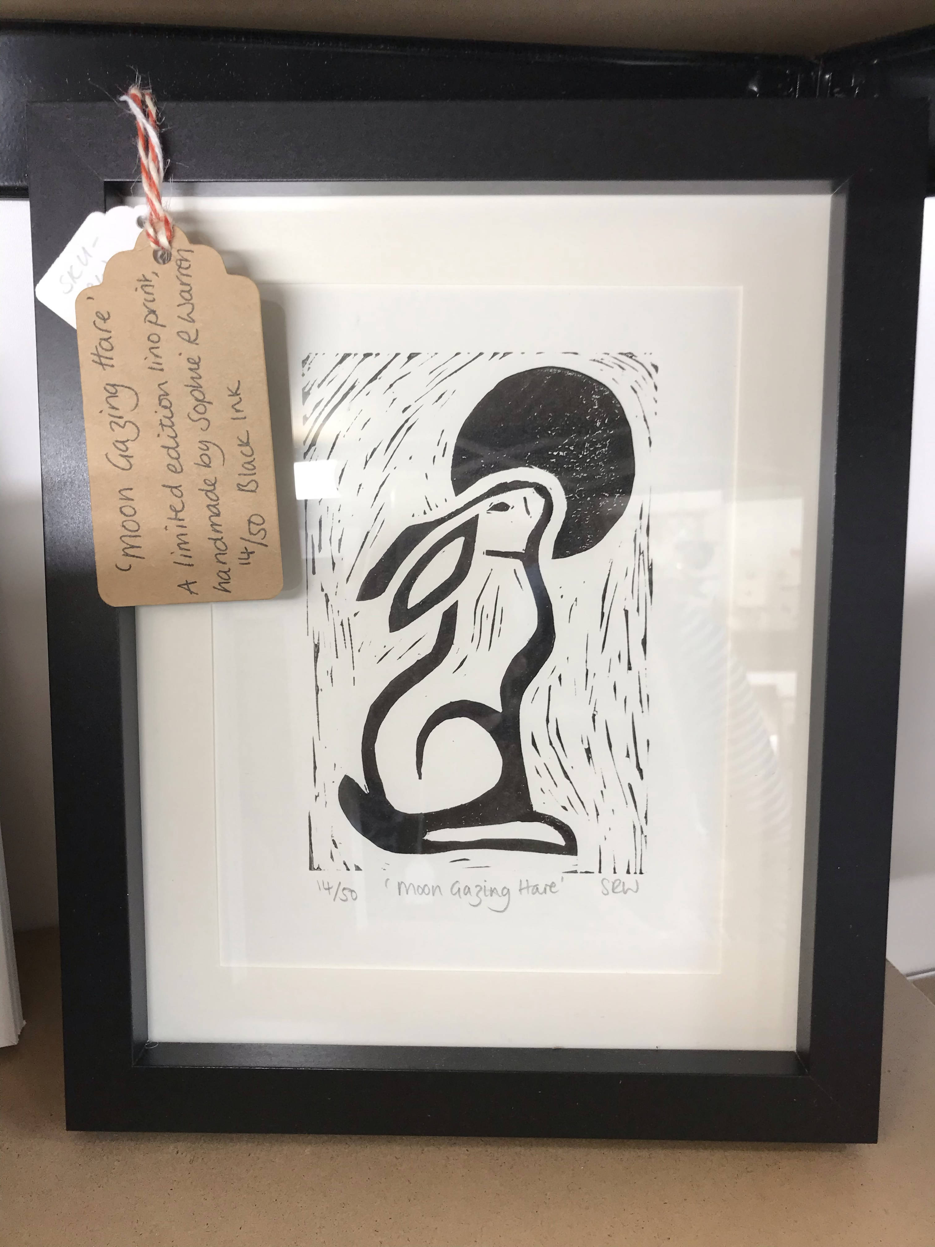 Moon Gazing Hare Framed Lino Cut Print