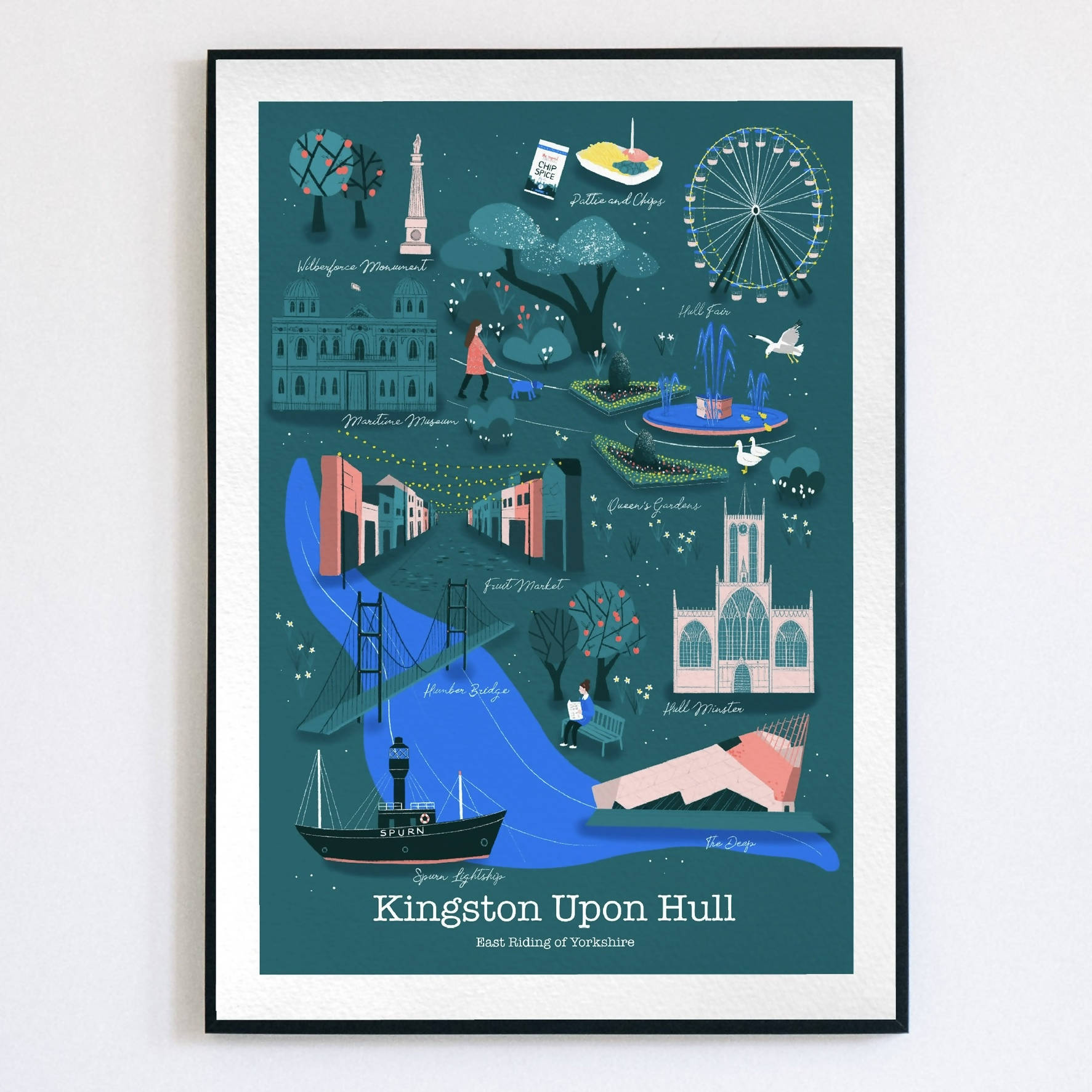 Dark blue illustrated print of Kingston Upon Hull's main landmarks.