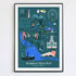 Dark blue illustrated print of Kingston Upon Hull's main landmarks.