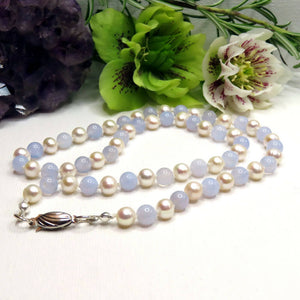 Blue Lace Agate & CFW Pearl Necklace with Sterling Silver Findings