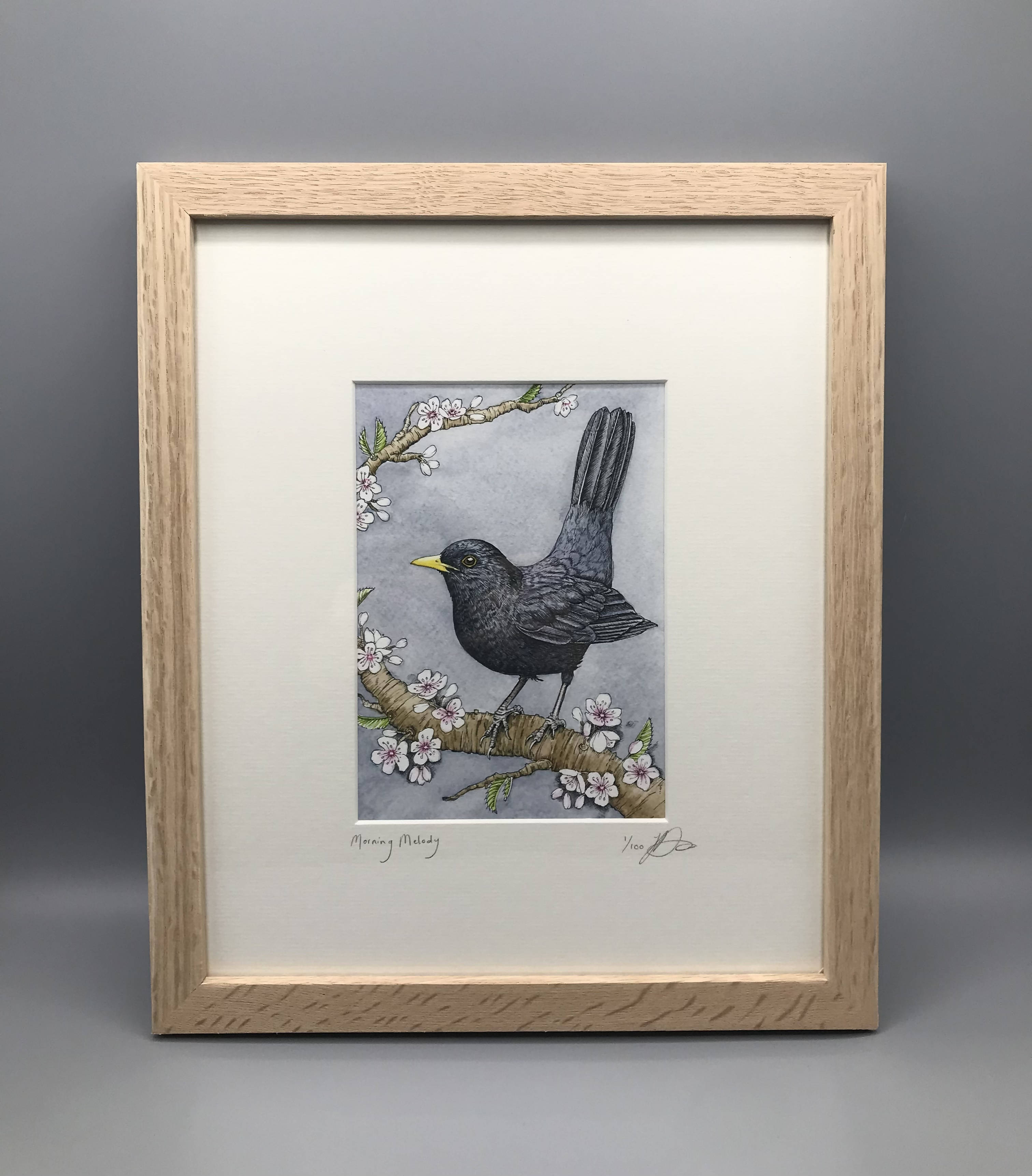 Morning Melody - Limited Edition Giclee Print presented in a solid oak frame. By Jenny Davies