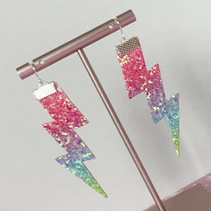 Flash Lightning Bolt Earrings in Rainbow Glitter