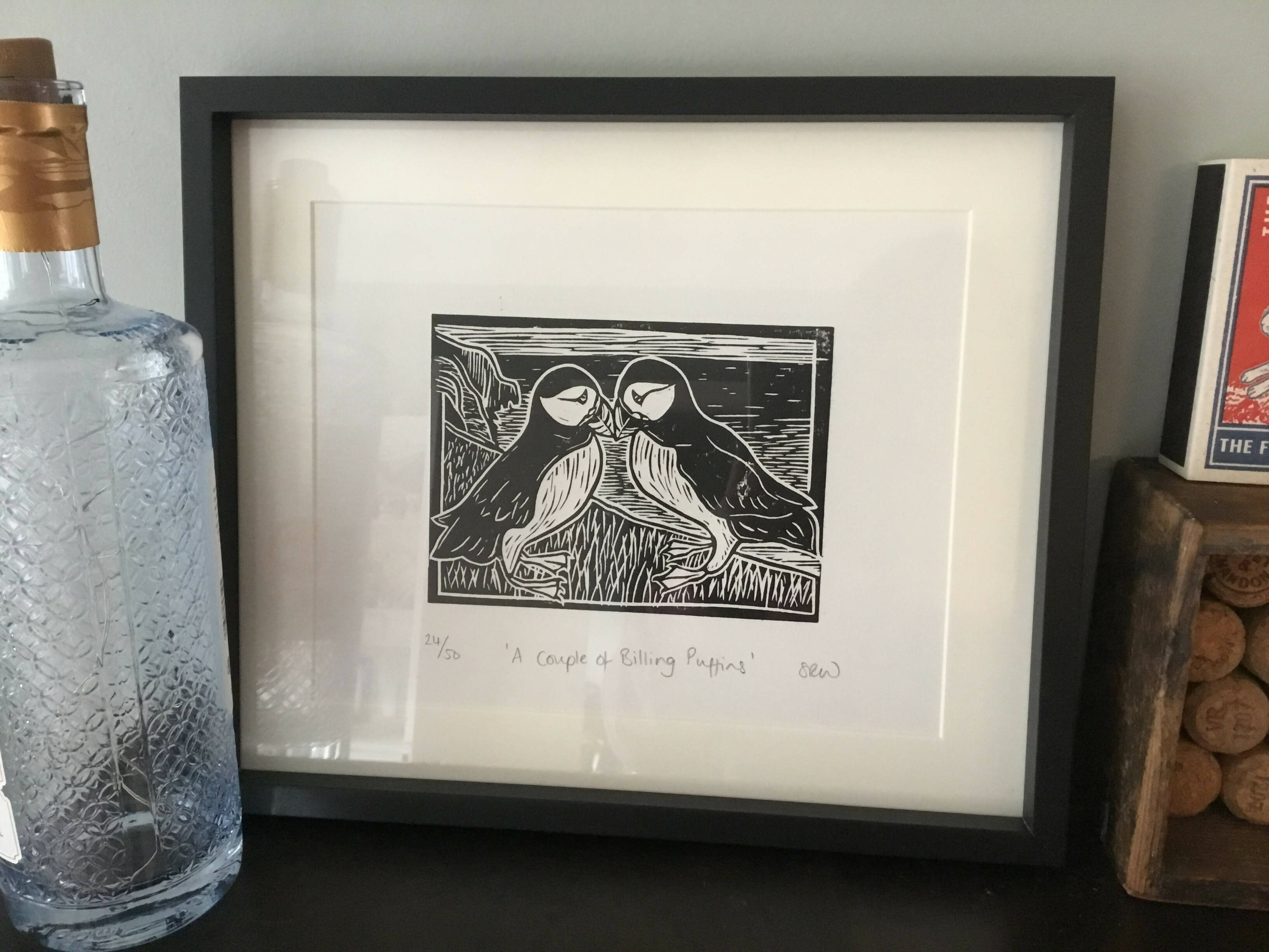 A Couple of Billing Puffins Framed Lino Cut Print