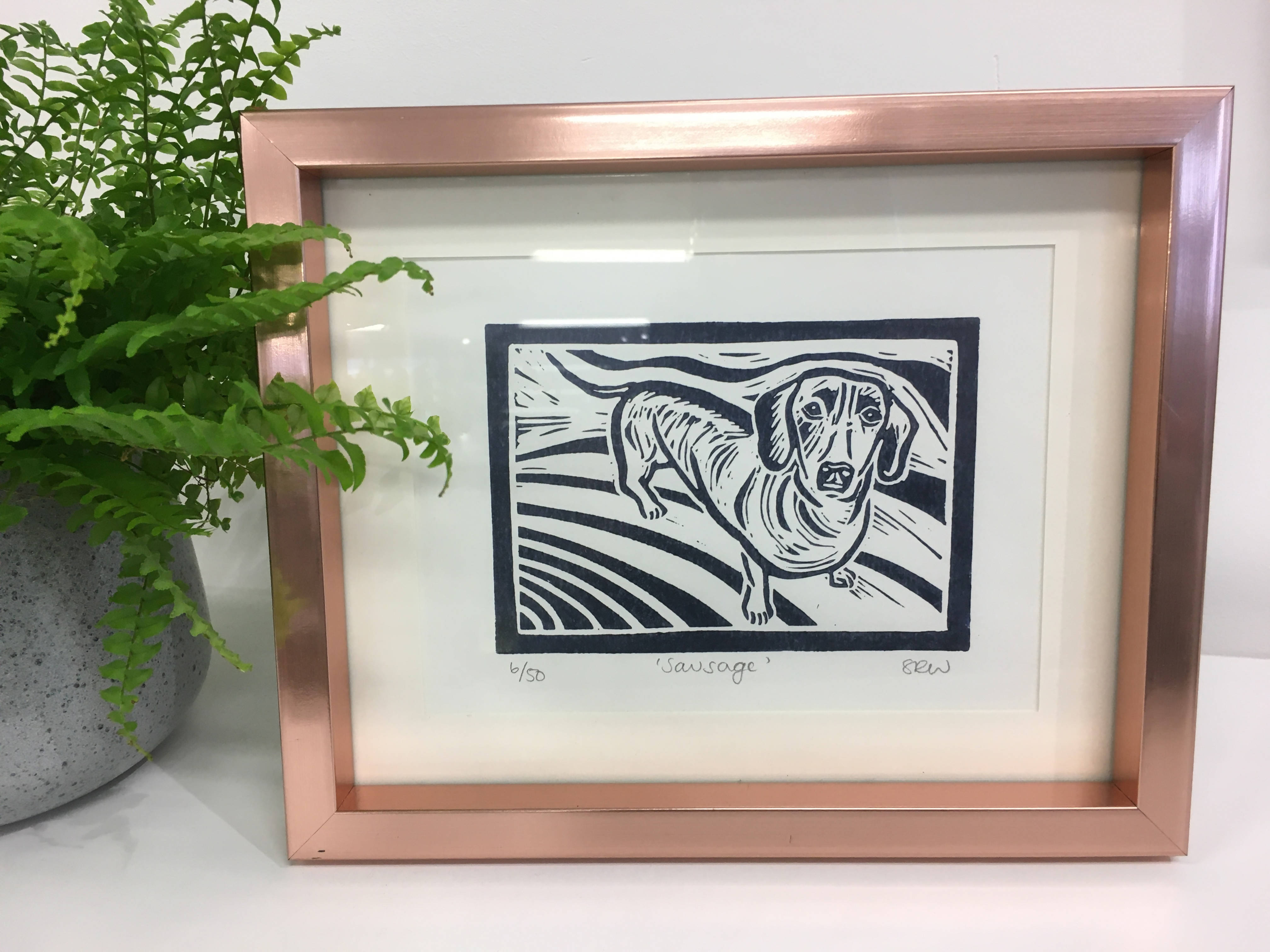 Sausage Dog Framed Lino Cut Print