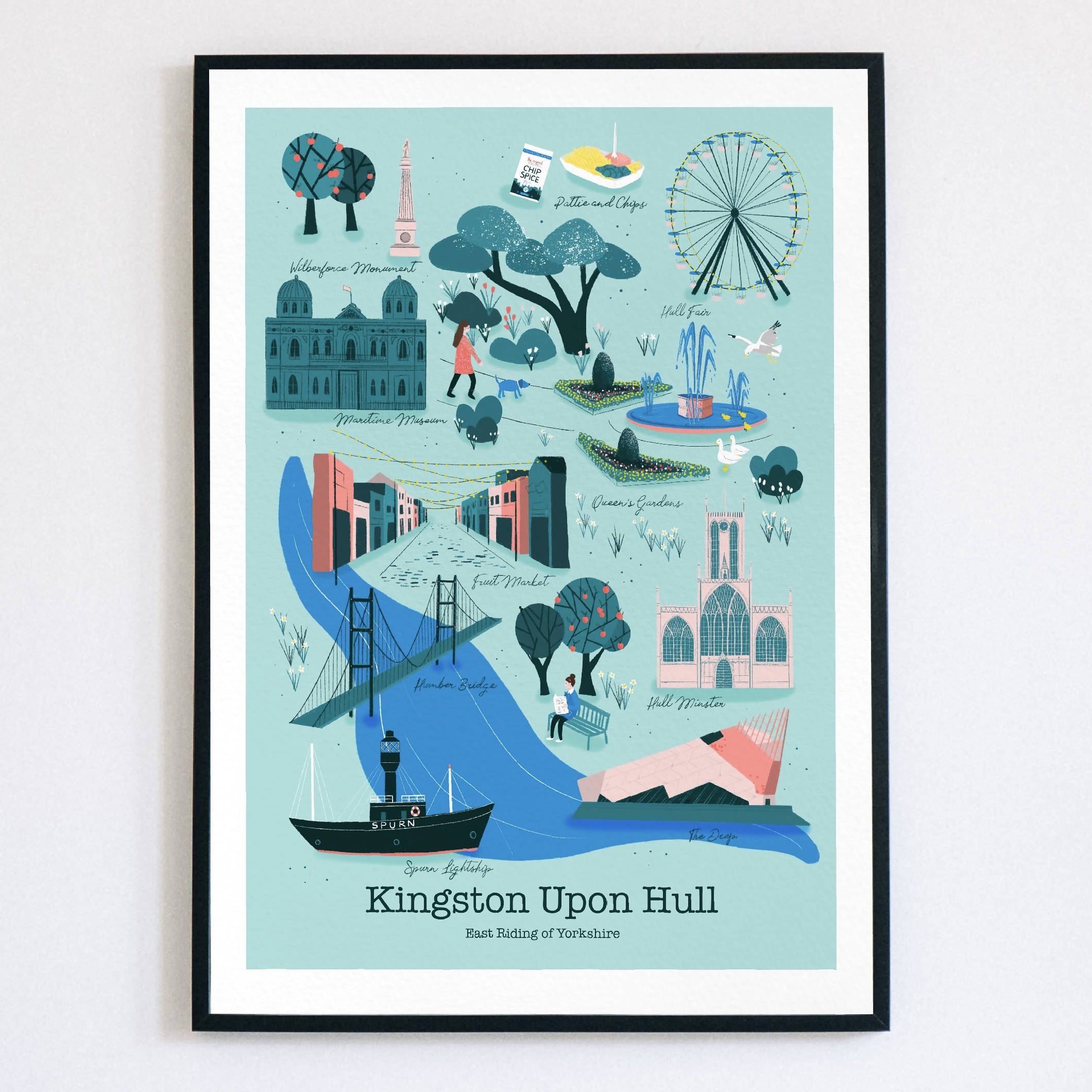 Blue and green illustration of Kingston Upon Hull featuring main landmarks.
