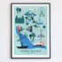 Blue and green illustration of Kingston Upon Hull featuring main landmarks.