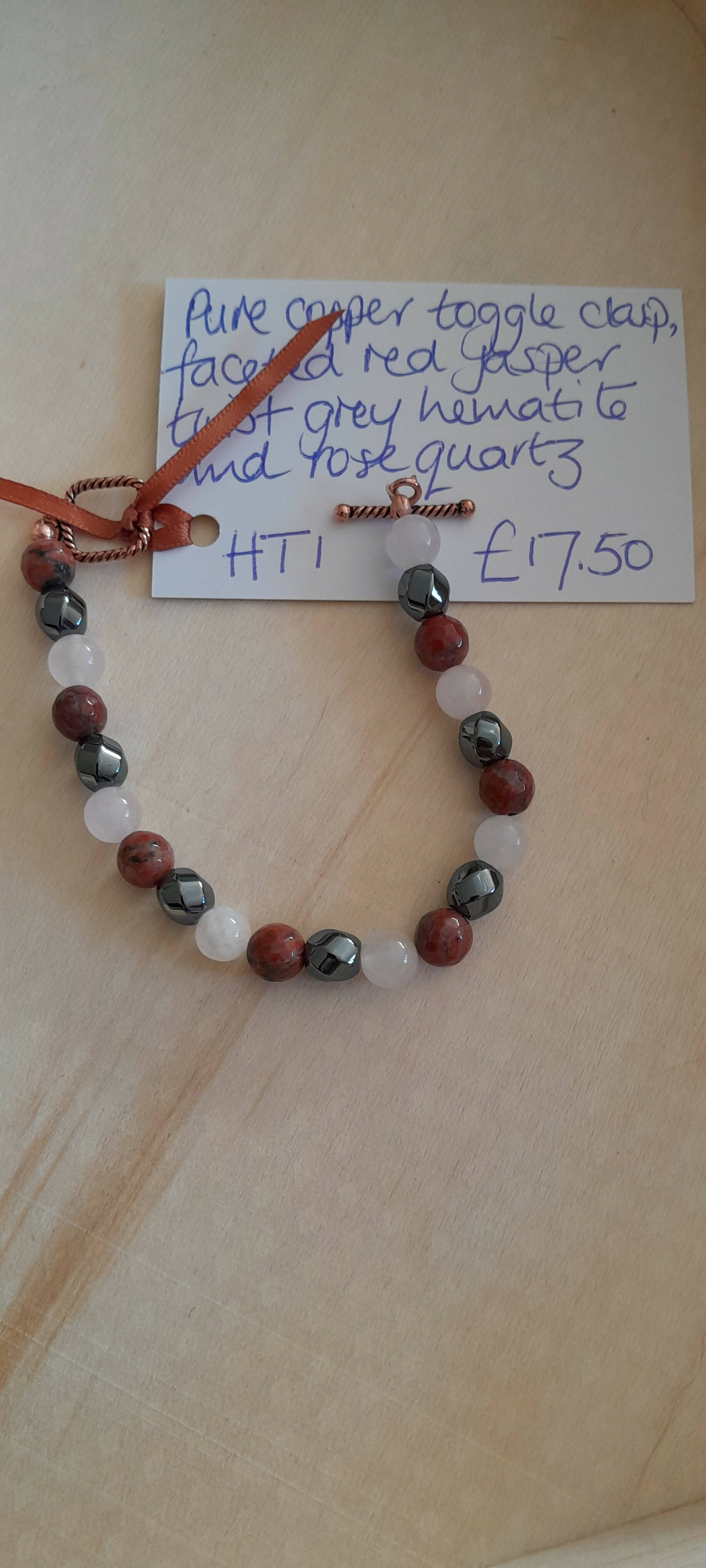 Pure Copper Clasp Bracelet with Faceted Red Jasper, Twist Hematite and Rose Quartz
