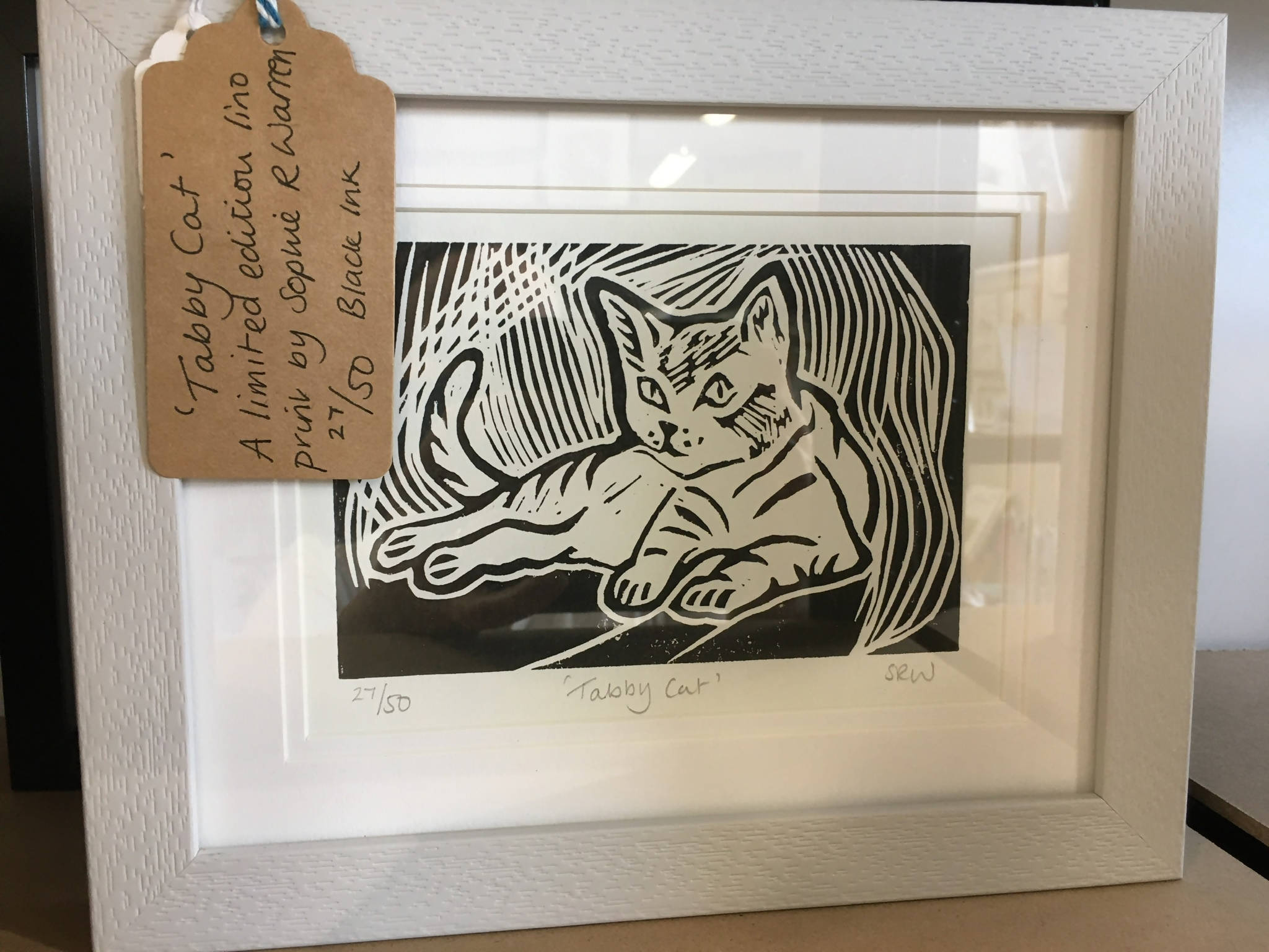 Watching Cat Framed Lino Cut Print