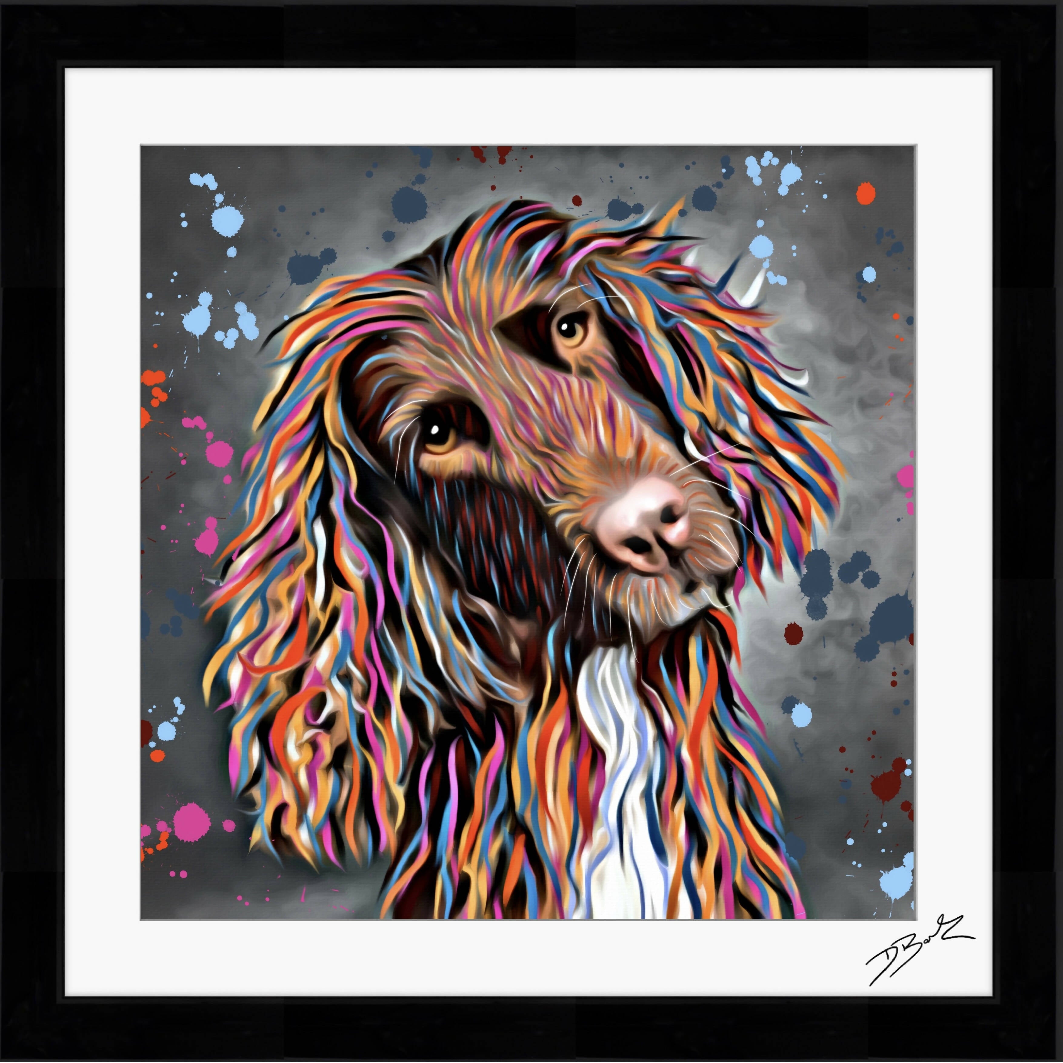 SPROCKER SPANIEL DOG COLOUR SPLASH FRAMED ARTWORK.