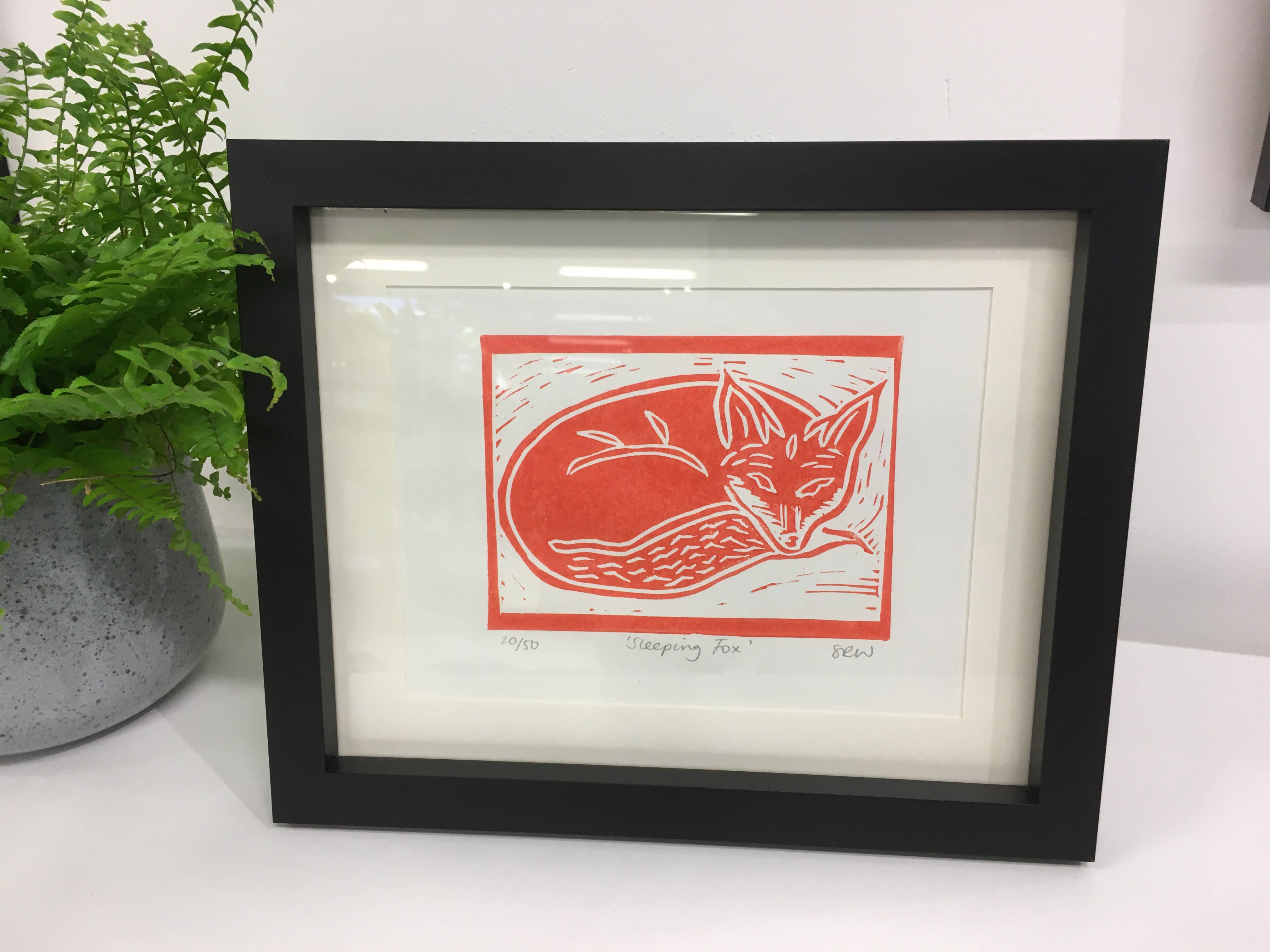 Sleeping Fox Framed Lino Cut Print