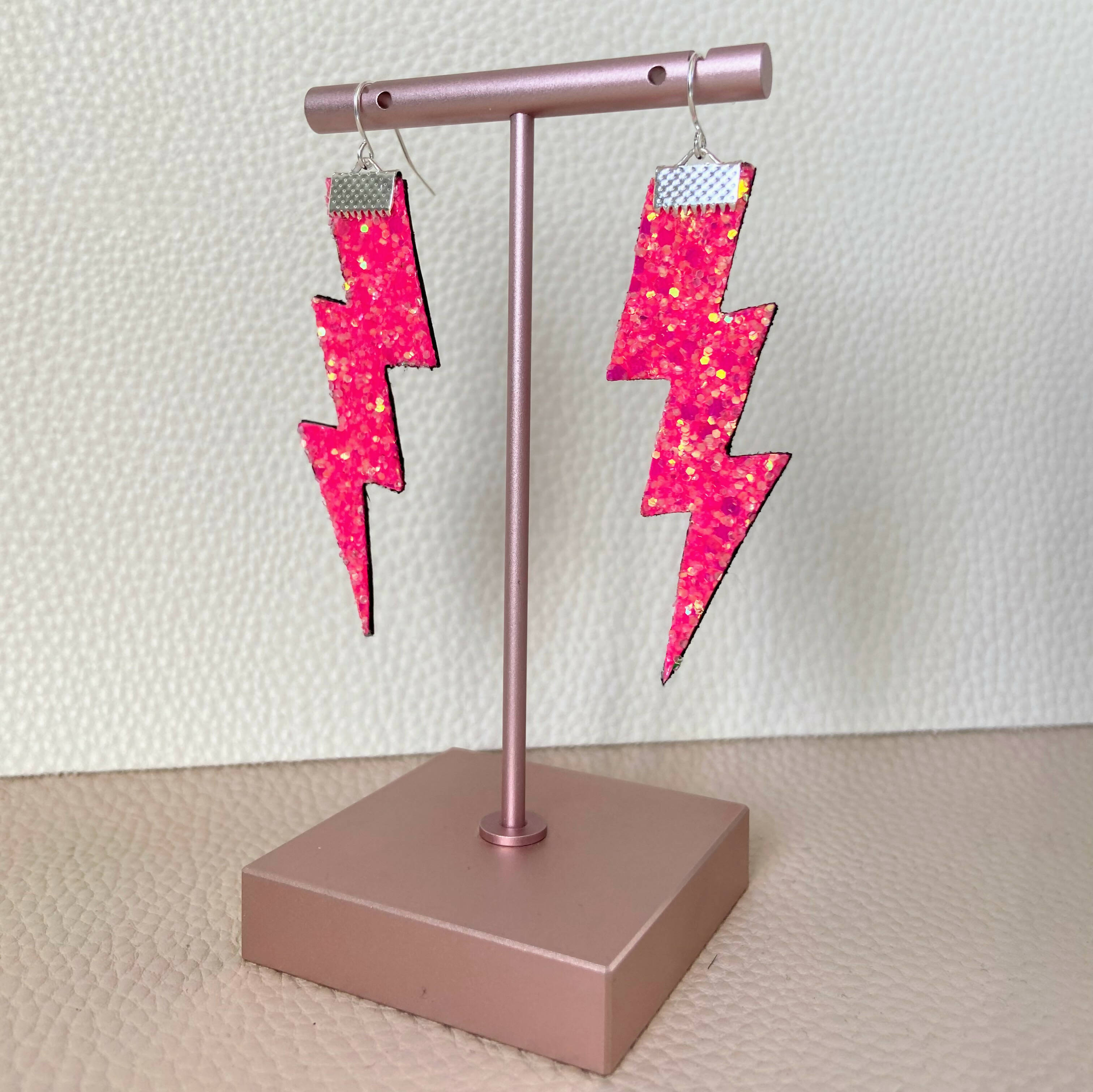 Flash Lightning Bolt Earrings in Neon Pink Glitter
