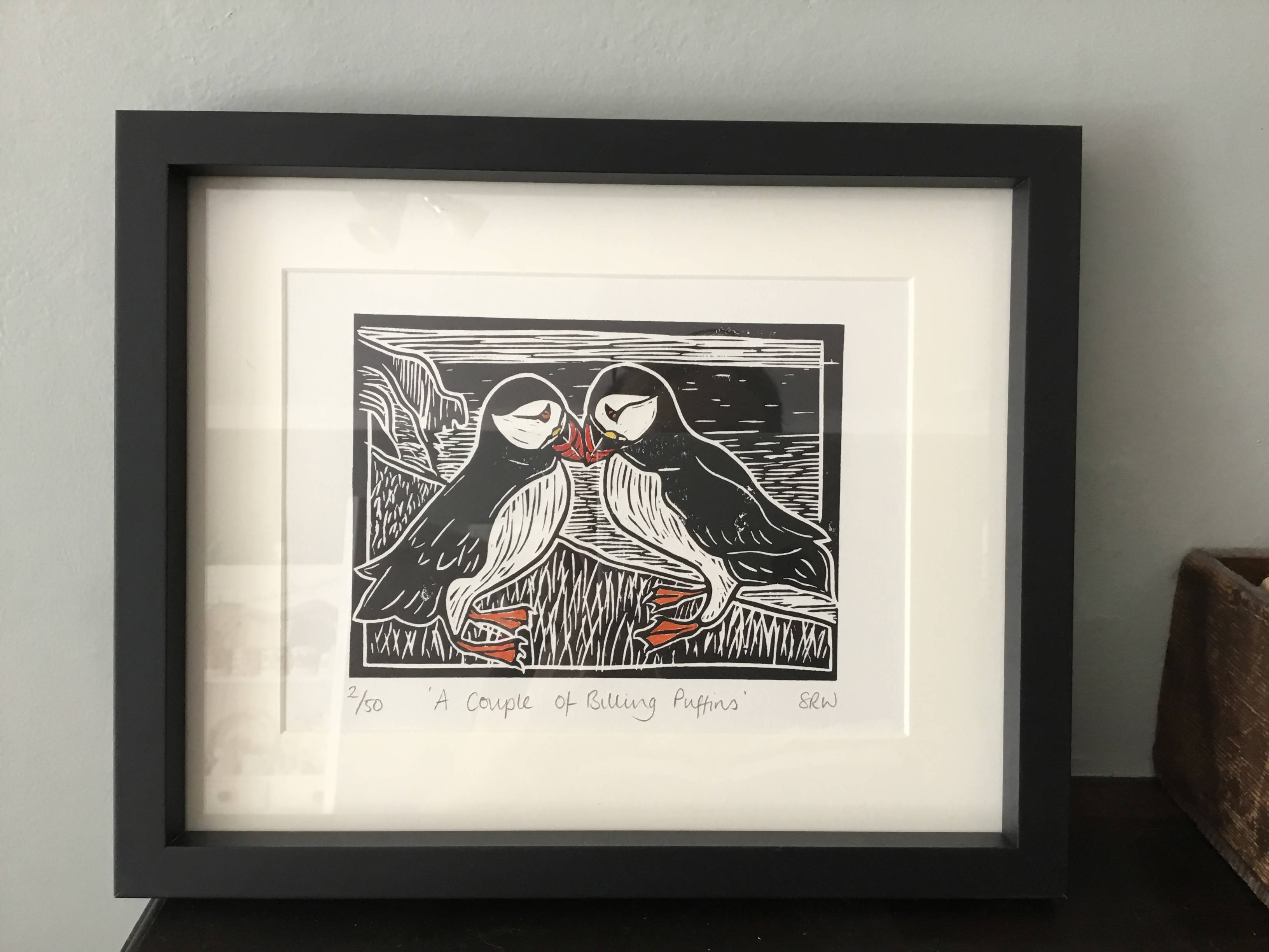 A Couple of Billing Puffins Framed Lino Cut Print