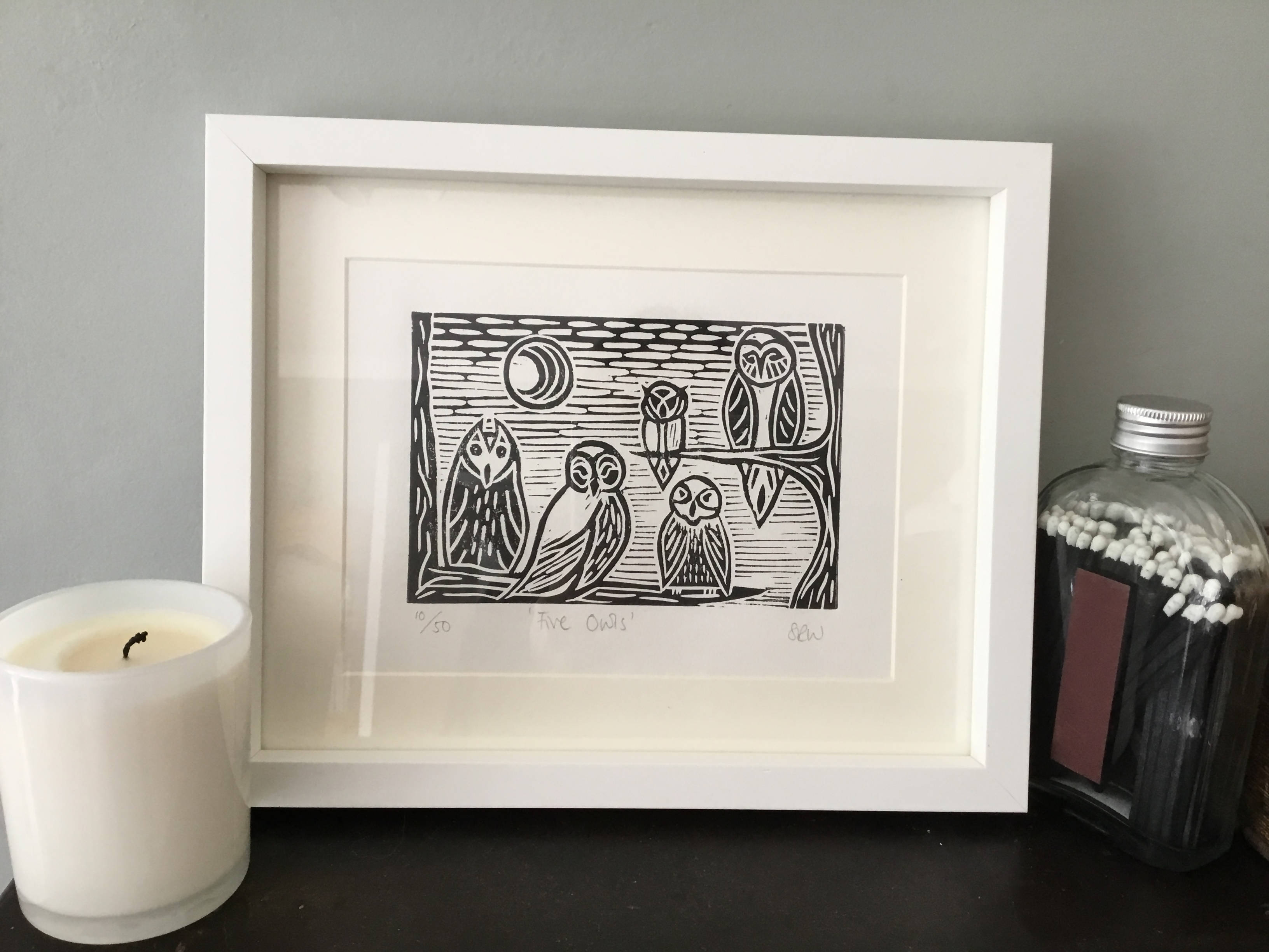 Five Owls Framed Lino Cut Print