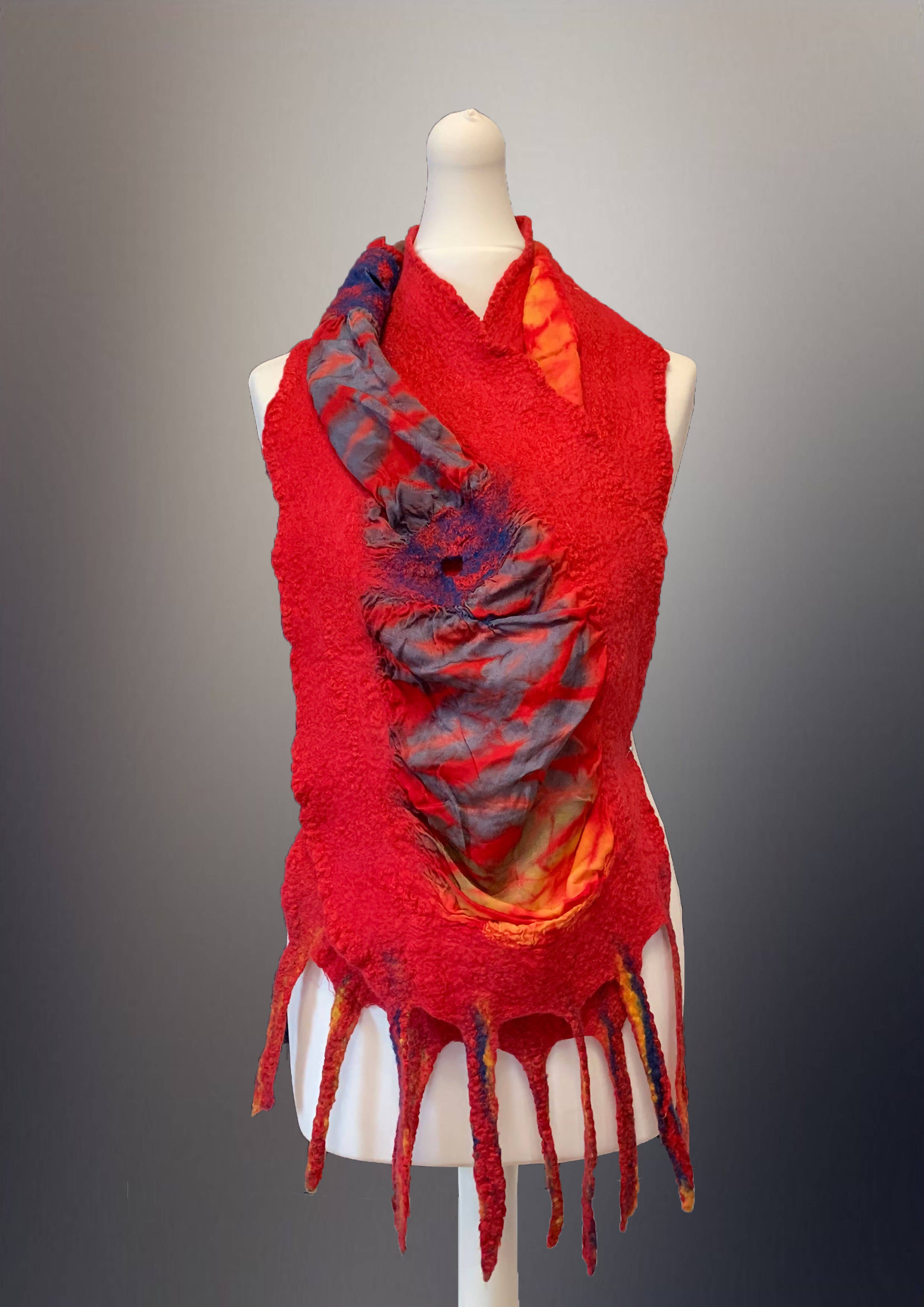 Nuno Felt Scarf - Red Orange and Grey