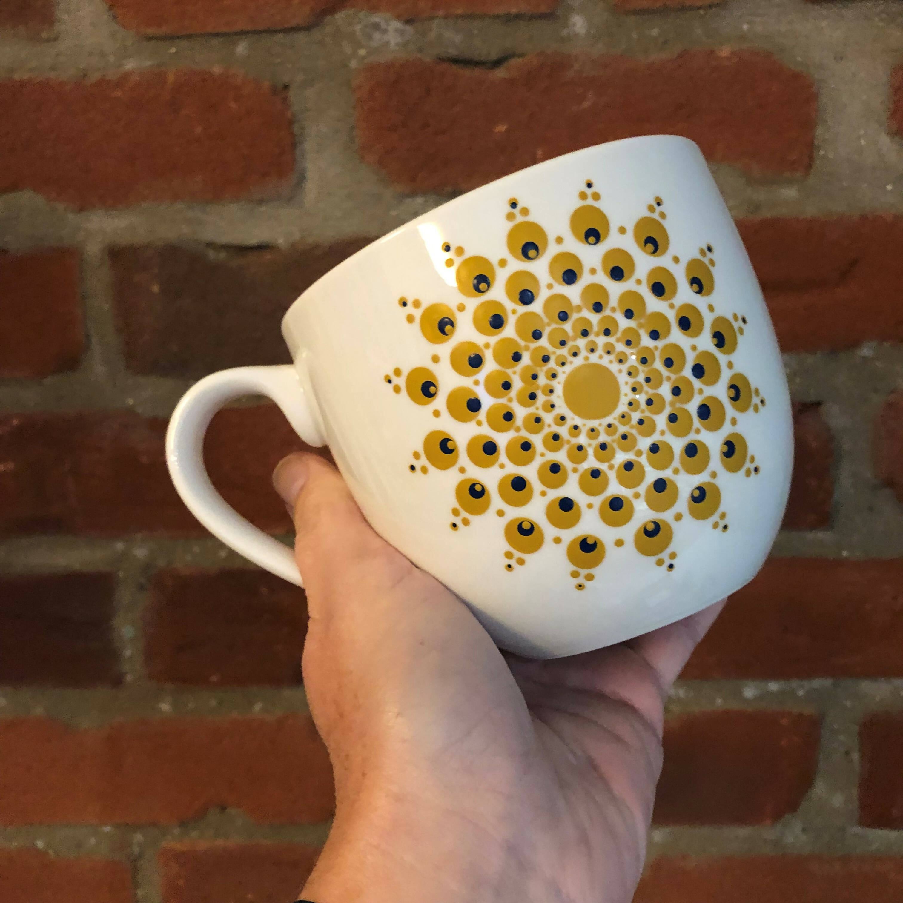 Hand Painted Dot Mandala Large Mug: True Ochre with Navy