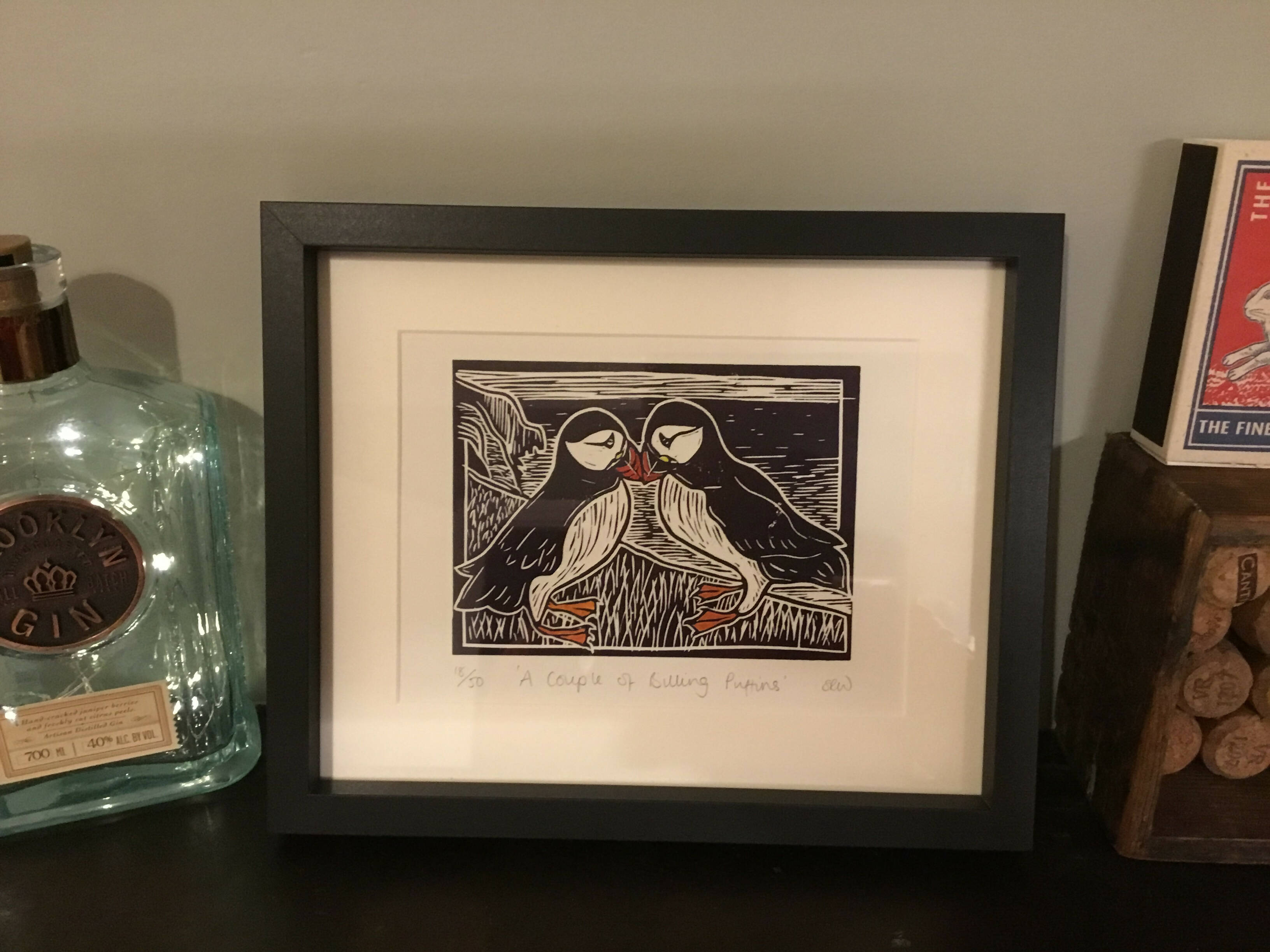 A Couple of Billing Puffins Framed Lino Cut Print