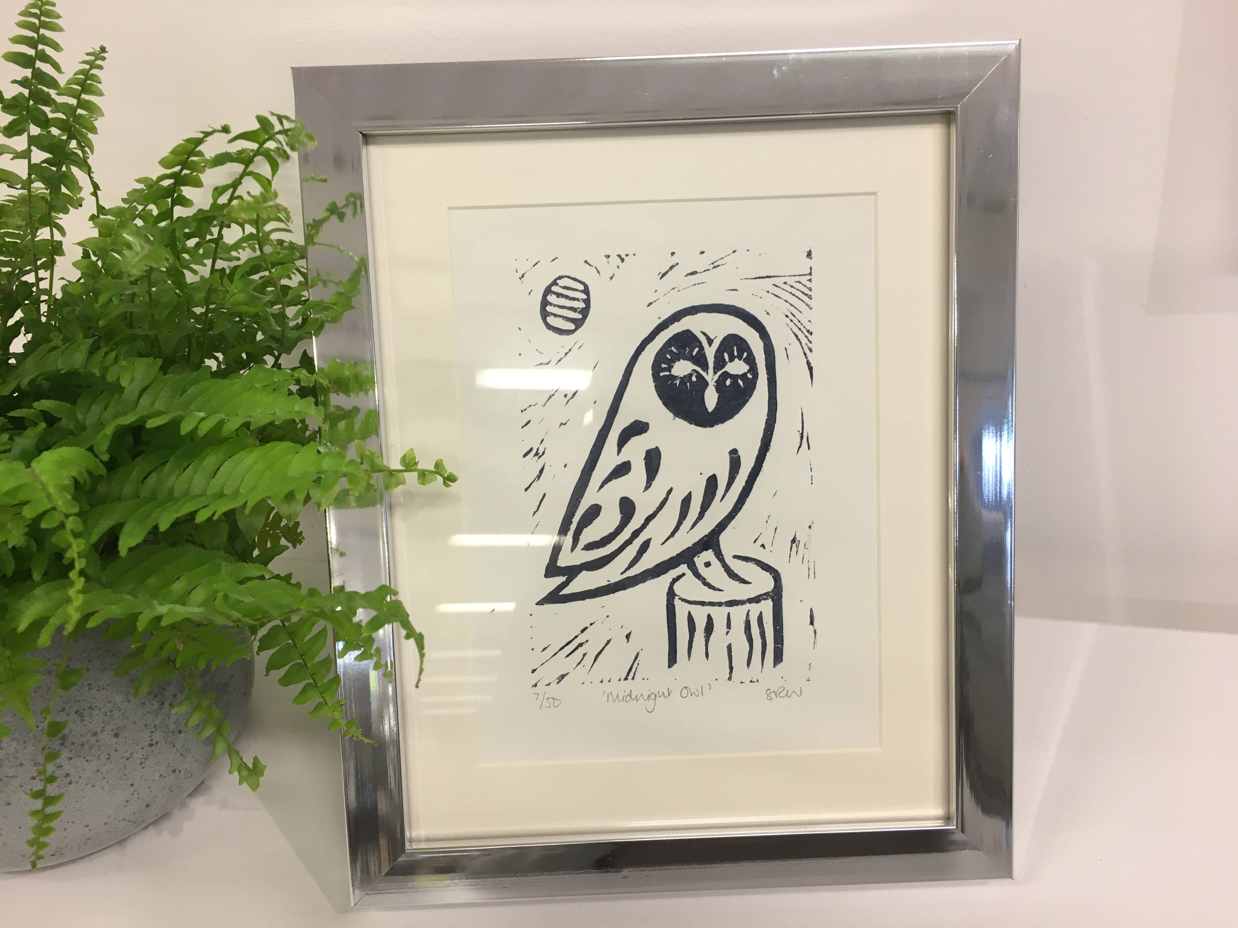 Perching Owl Framed Lino Cut Print