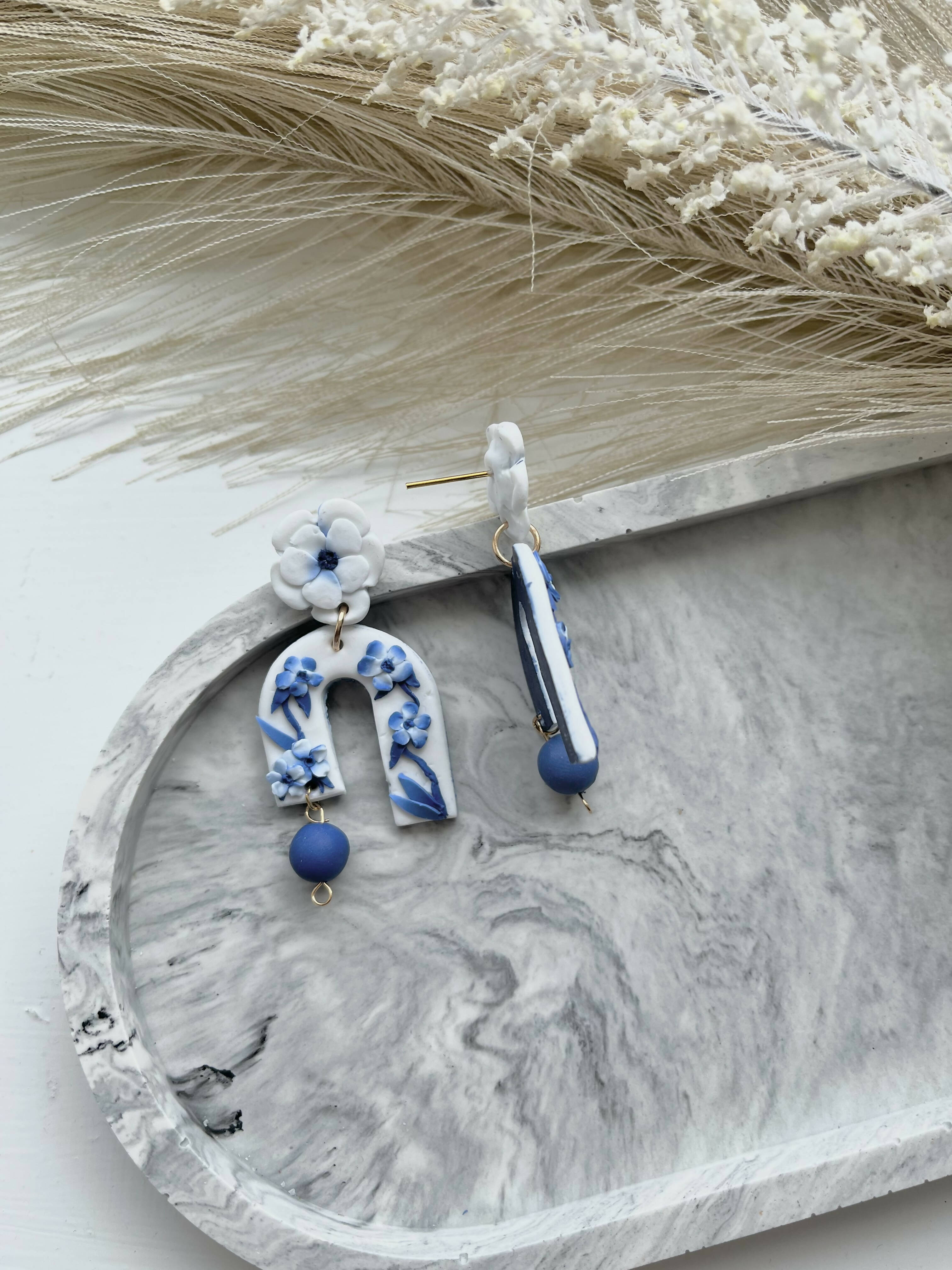 Blue China No. 4 - Handmade Polymer Clay Earrings