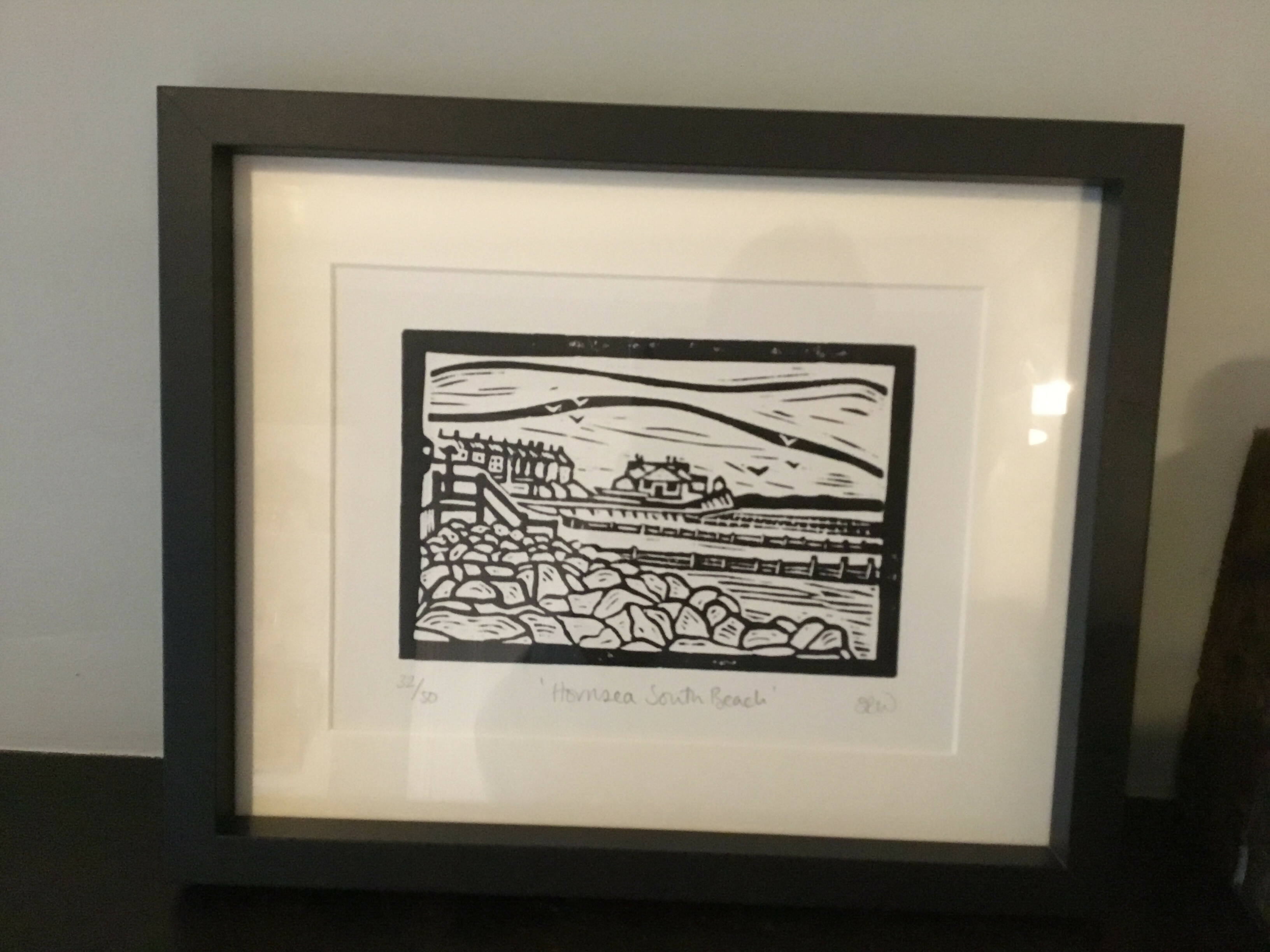 Hornsea Beach Framed Lino Cut Print