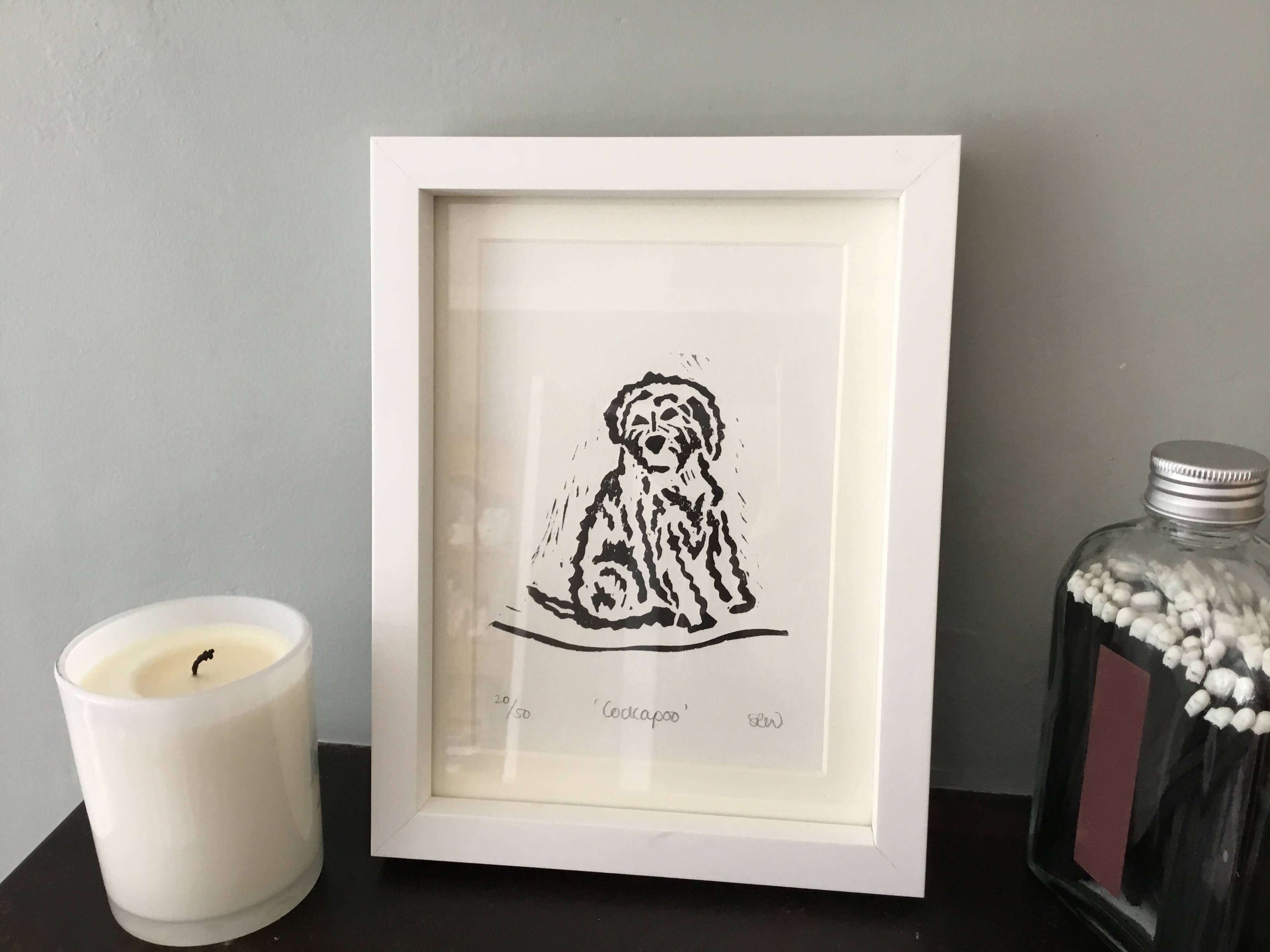 Cockapoo Framed Lino Cut Print
