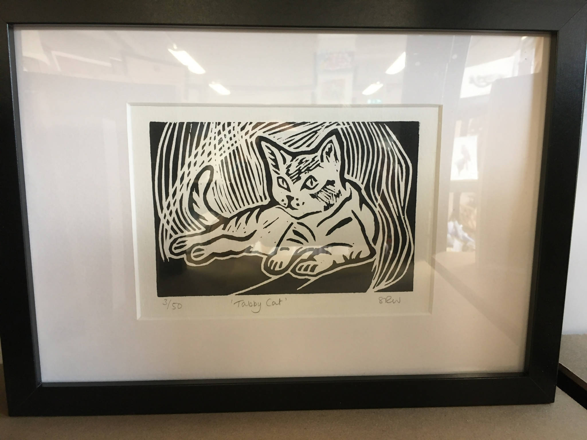 Watching Cat Framed Lino Cut Print