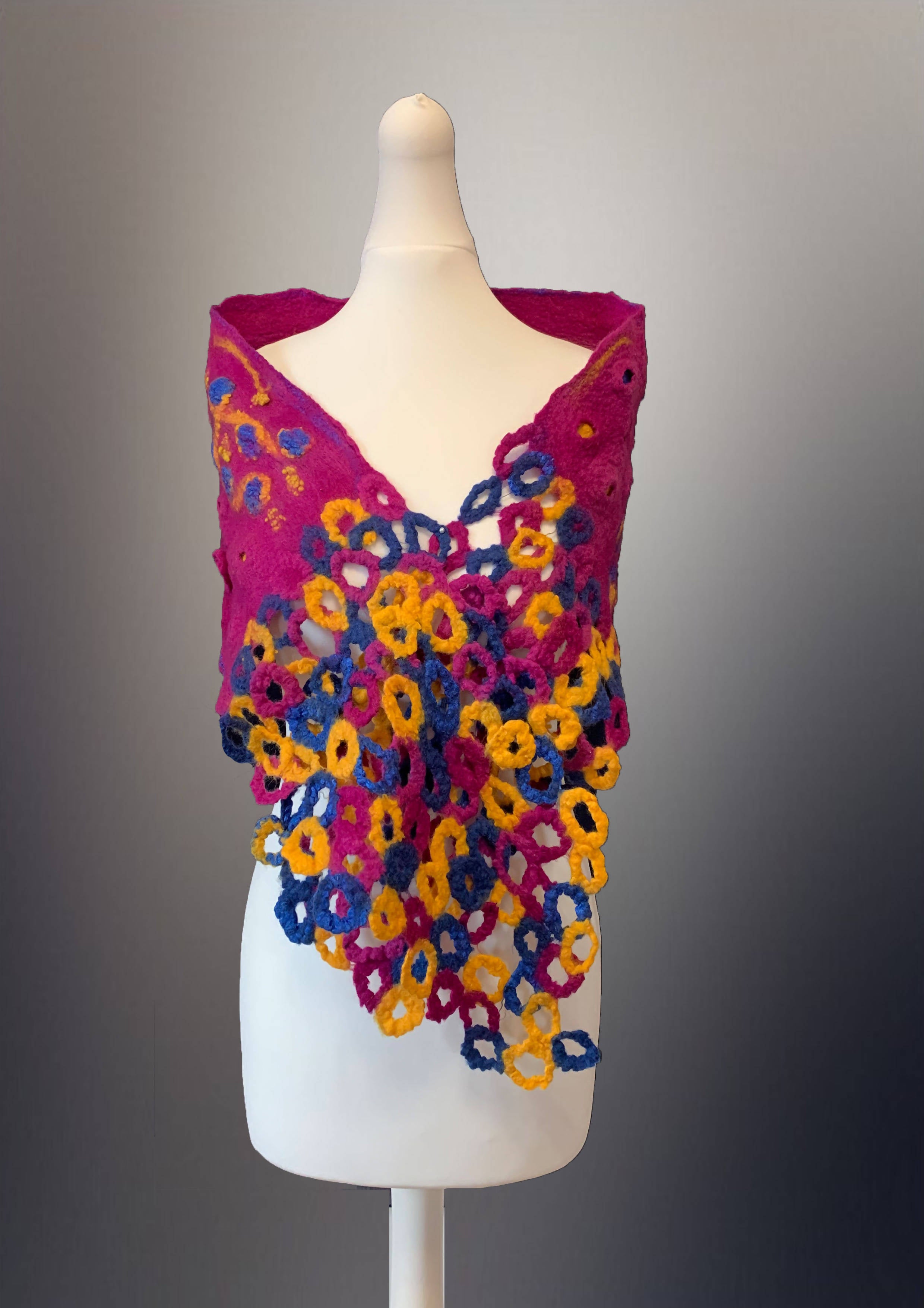 Nuno Felt Scarf - Dark Pink, Mustard and Dark Blue, With Circles at Each End
