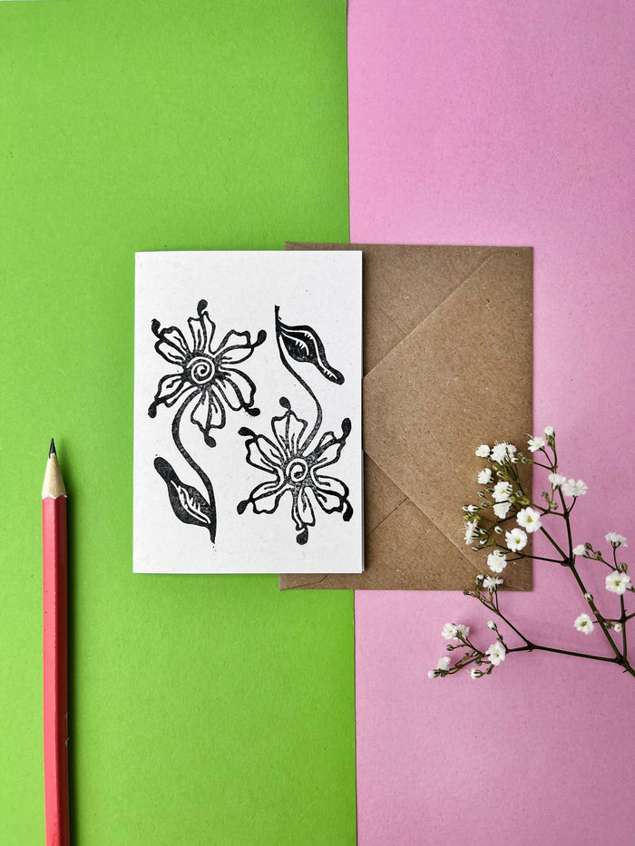 Flower dance - Mini Postcard & kraft envelope (A7 and handprinted)