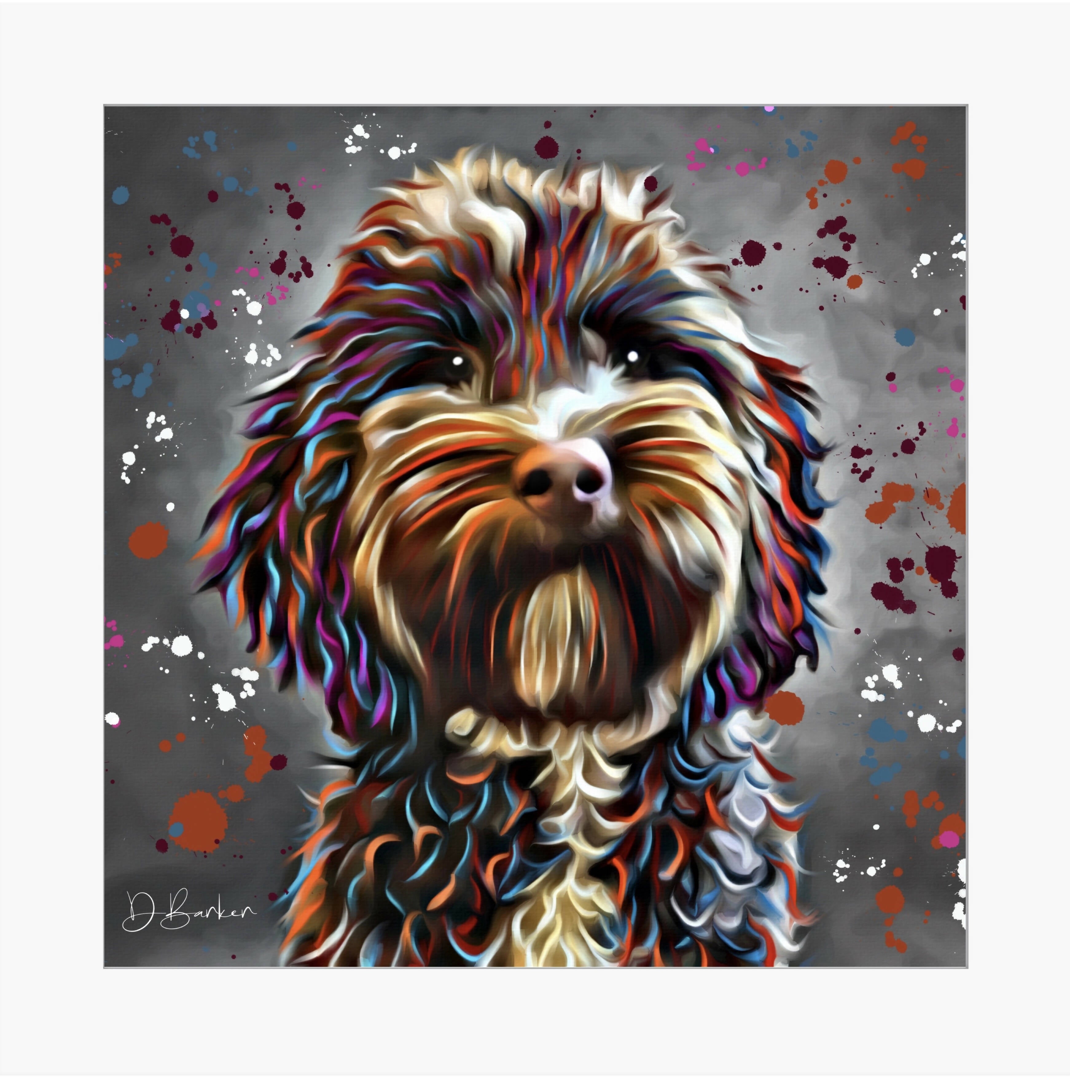 LABRADOODLE DOG COLOUR SPLASH MOUNTED ARTWORK.